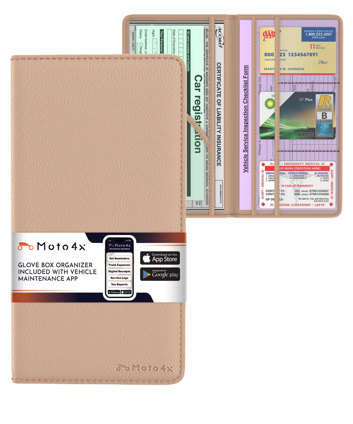 Moto4X Premium Leather Magnetic Shut Car Registration & Insurance Card Holder, Glove Box Organizer For License, Cards & Document