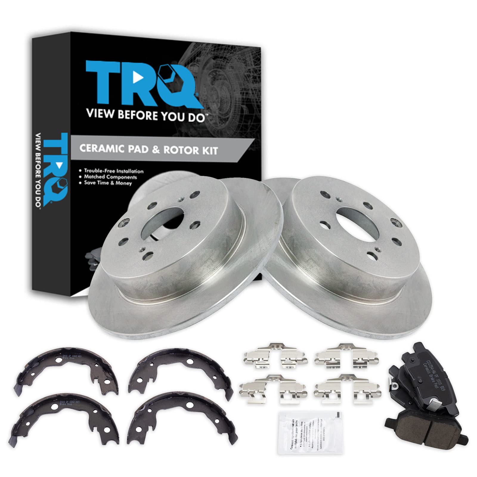 Trq Rear Brake Pad & Rotor Kit Brake Pads Brake Rotor Parking Brake Shoe Set Ceramic Compatible With 2009-2010 Pontiac Vibe 2009