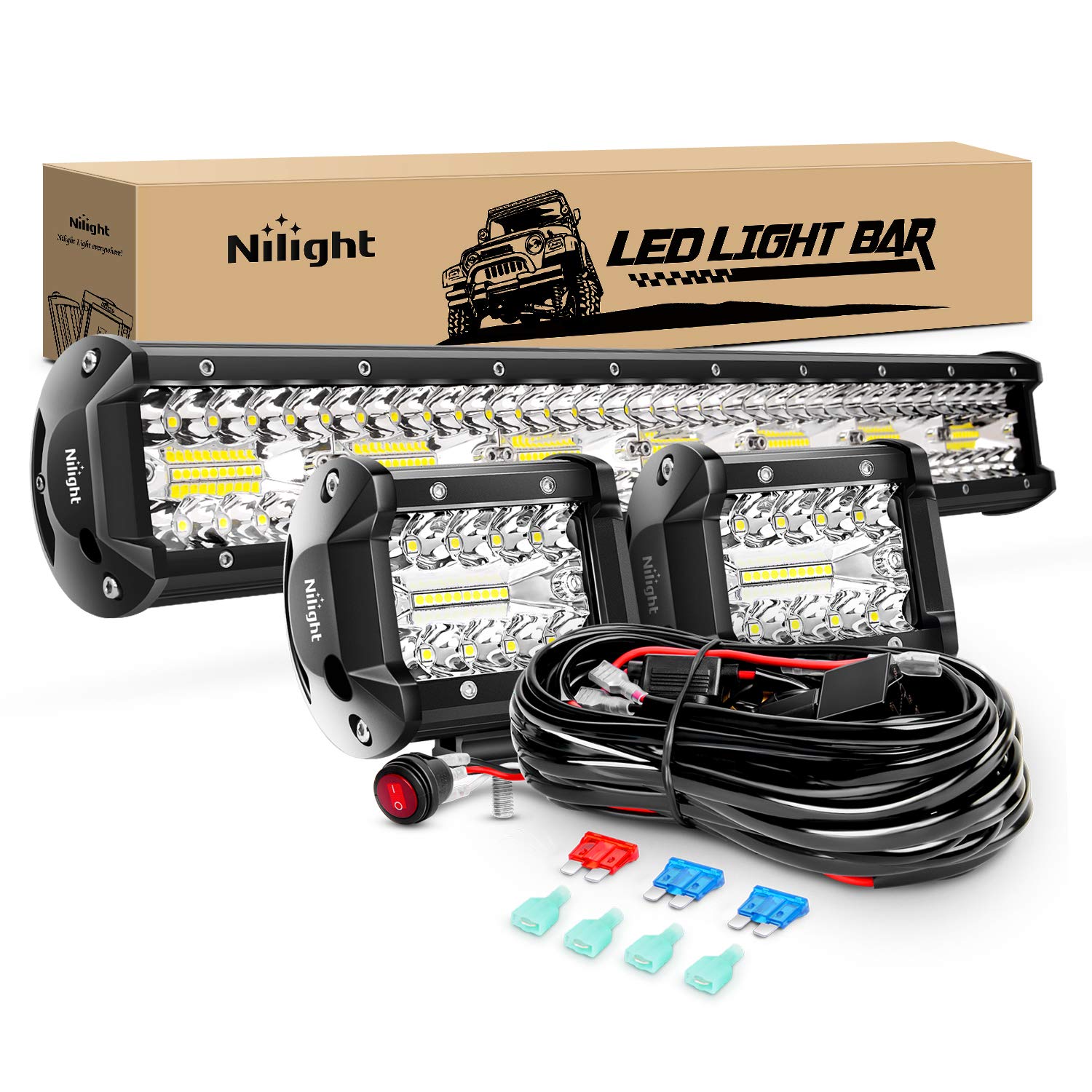 Nilight 20Inch 420W Triple Row Spot Flood Combo Led Light Bar Work Driving Lamp 2Pcs 4Inch 60W Cube Led Pods Lights For Trucks W