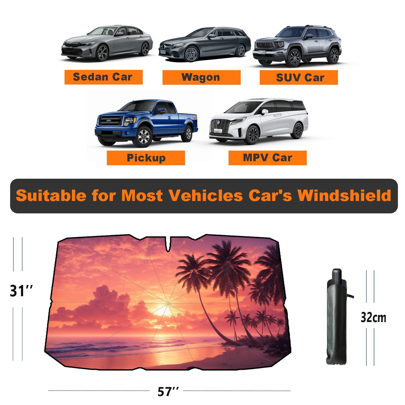 Coricha Windshield Sun Shade Beach Sunset Palm Tree Pink Car Shades for Front Windows 100% Blackout Umbrella Sunshades Car Acces