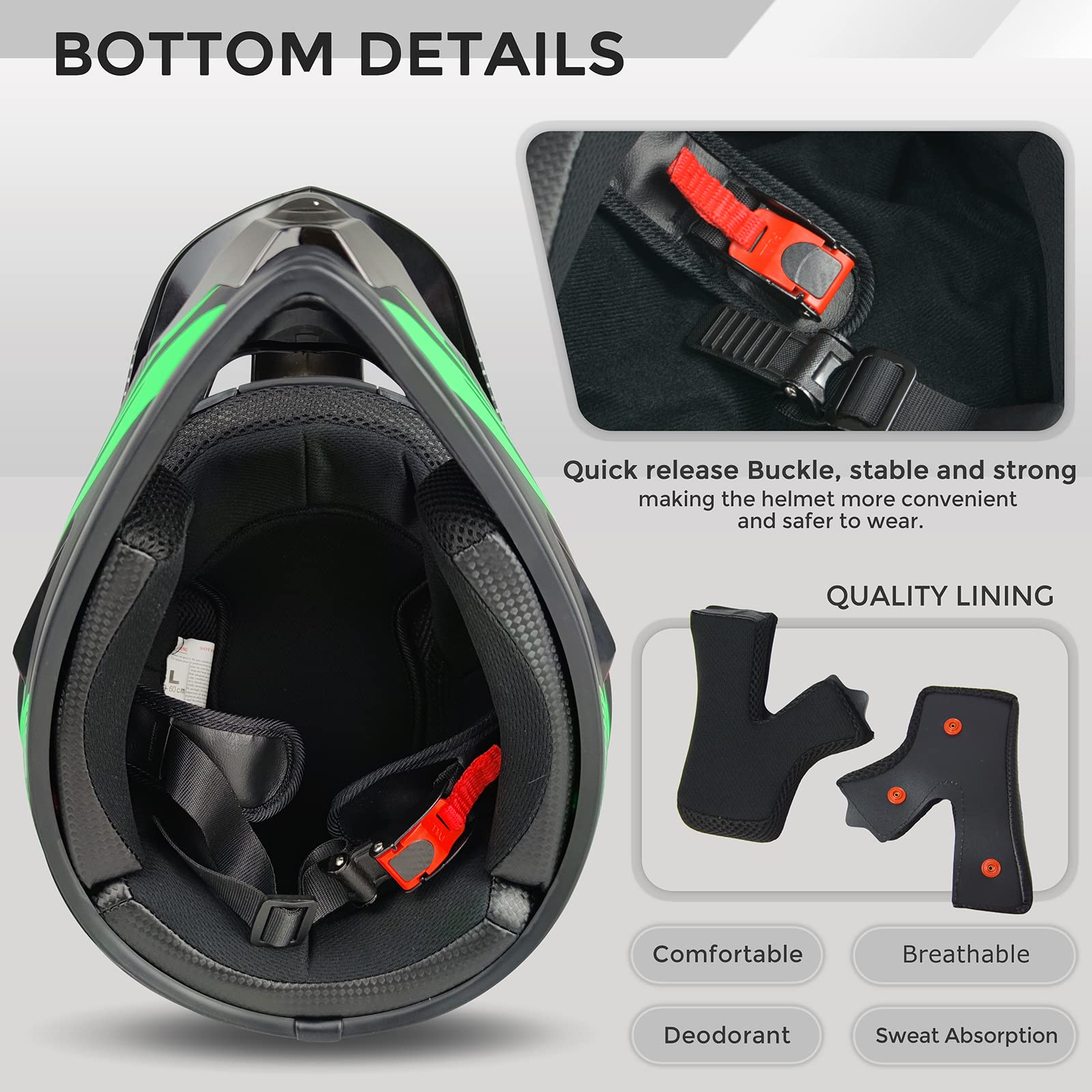 Motocross Helmet,Adult &Youth Trend Full Face Helmet,Atv Motorcycle Helmet,Dirt Bike Downhill Off-Road Mountain Bike Helmet,Dot Certified,4-Piece Set (Green, Xl)