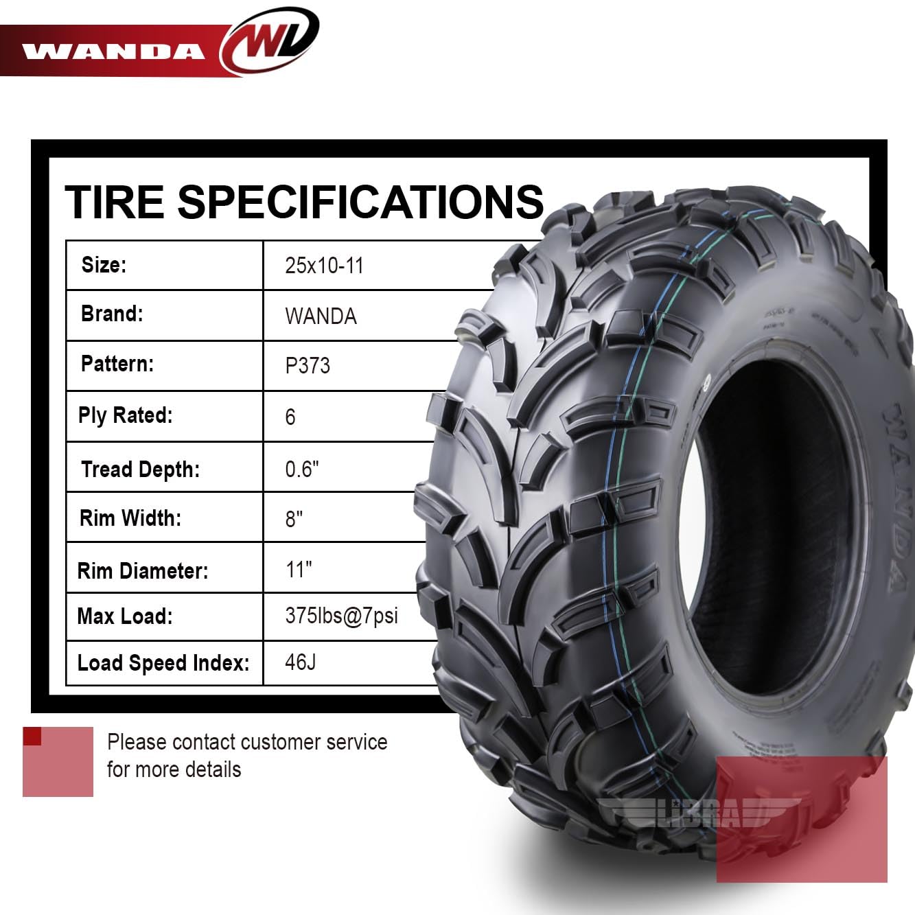 Wanda Utv Atv Tire 25X10-11 25X10X11 255/70-11 6-Ply Lit Mud P373, Set 2-10430