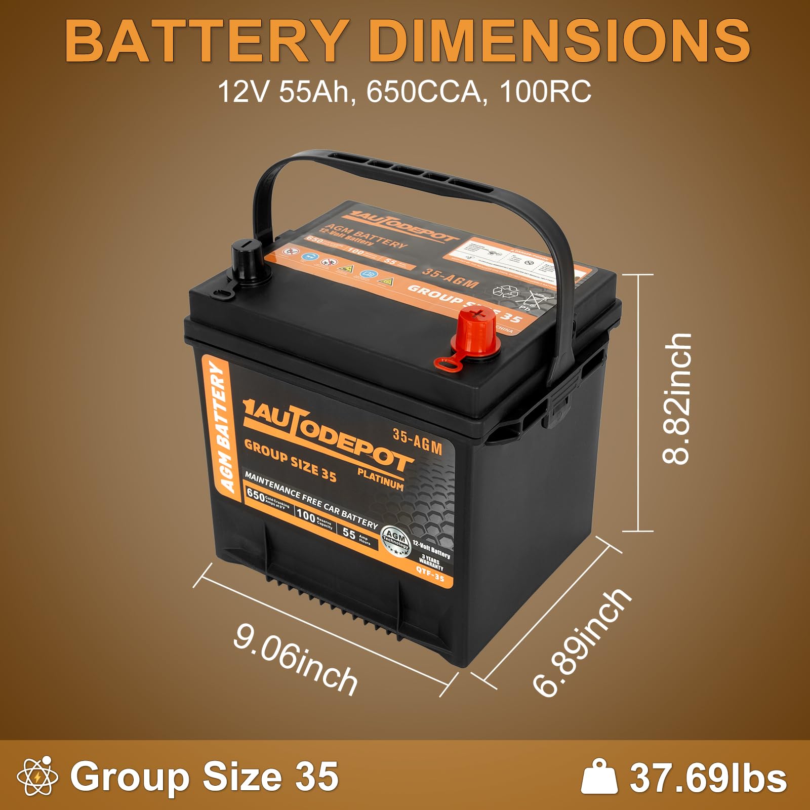 1Autodepot Bci Group 35 Car Battery, 12V 55Ah Automotive Battery Premium Maintenance Free Agm Batteries, 650Cca, 100Rc, 36 Month