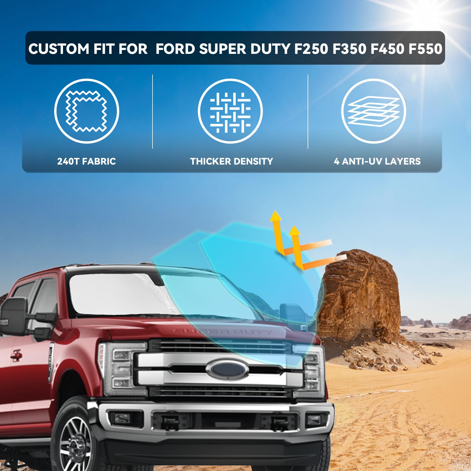 For Ford Super Duty F250 F350 F450 F550 2017-2024 2025 Windshield Sun Shade - 4 Layers Car Sunshades For Front Window Shade Cove