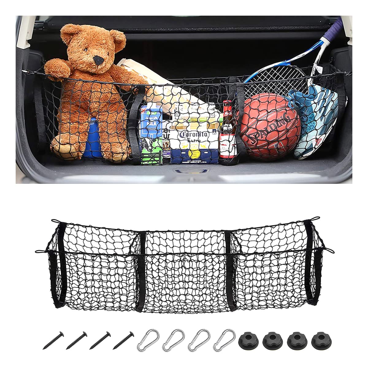 Cargo Net For Car, Expandable 3 Pocket Heavy-Duty Cargo Net Organizer, Black Mesh Storage Pocket With 4 Metal Carabiners Univers
