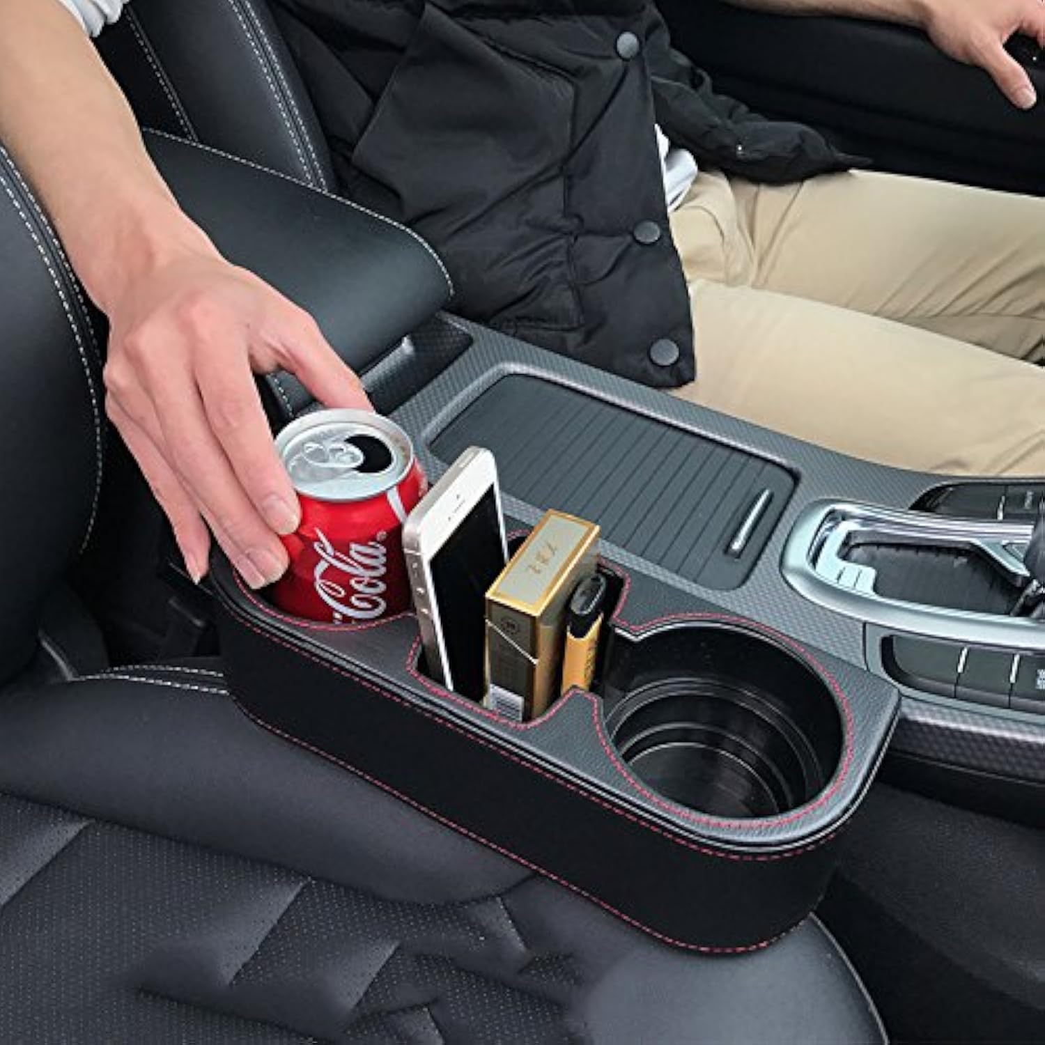 Iokone Coin Side Pocket Console Side Pocket Leather Cover Car Cup Holder Auto Front Seat Organizer Cell Mobile Phone Holder (Bla