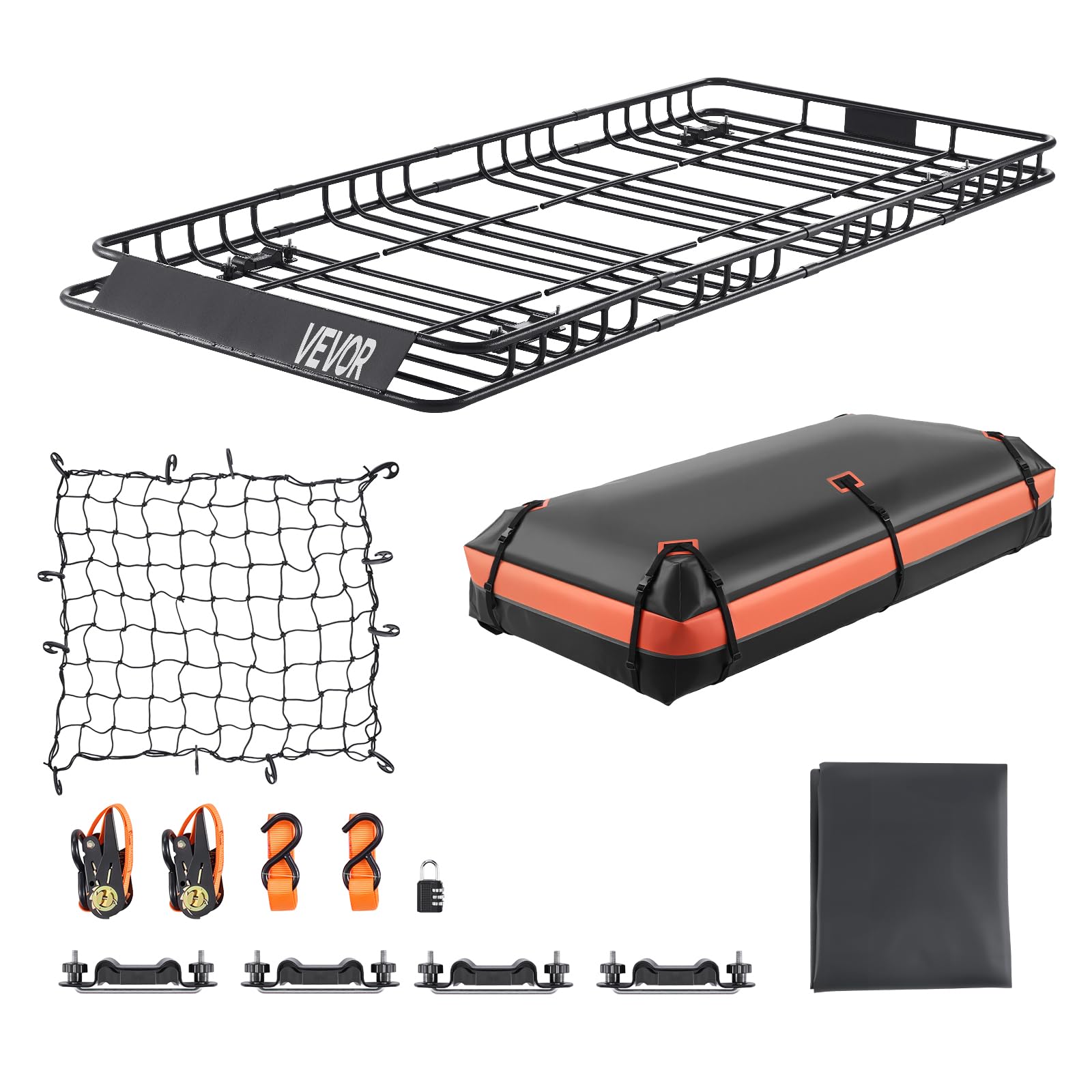Vevor Roof Rack Basket, 84 X 39 X 4.1 In, Universal Rooftop Cargo Carrier With 7.9 X 3.9 X 10.2 In Cargo Bag, Net, Ratchet Strap