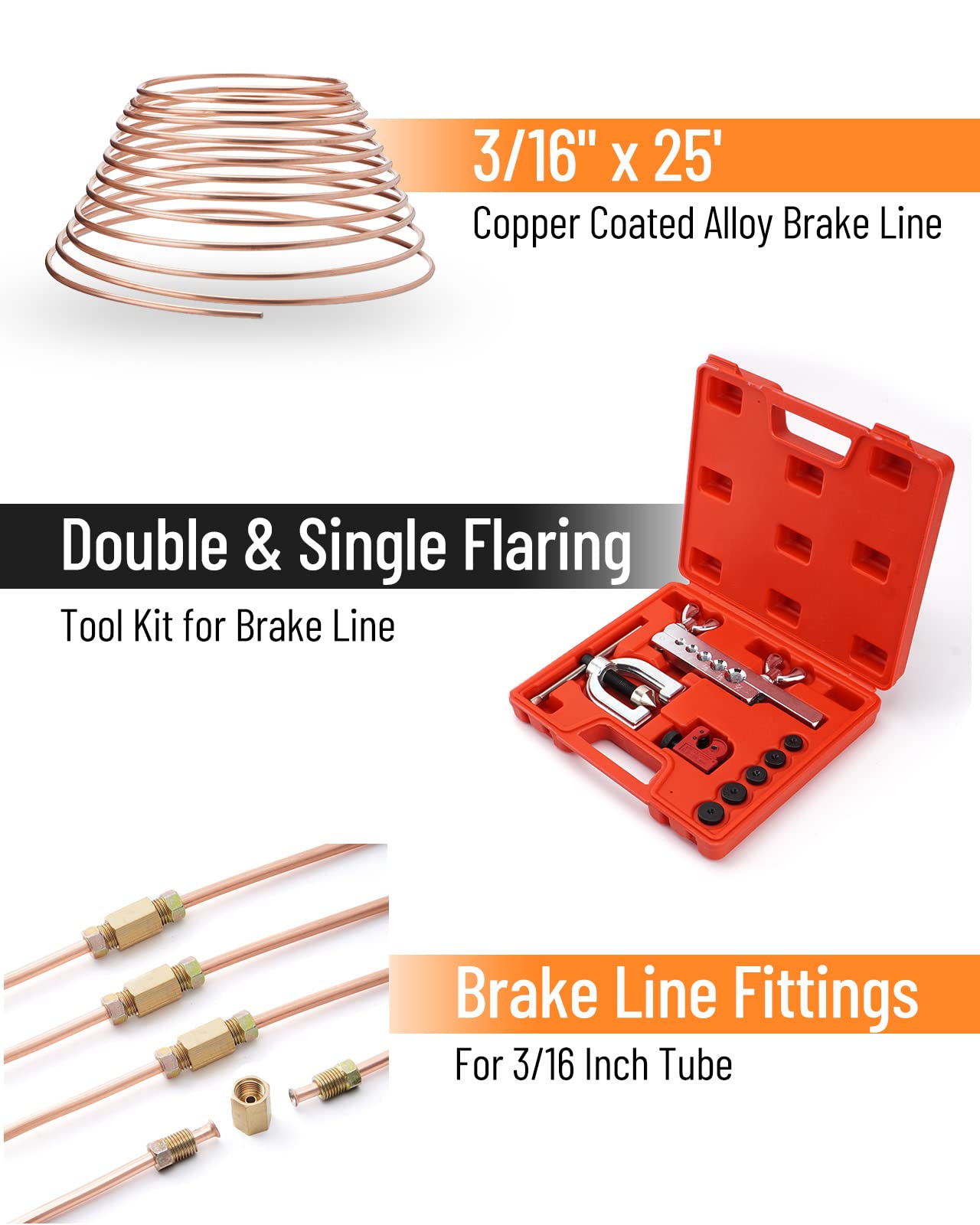 Racewill 25 Ft 3/16 Copper Coated Brake Line Kit (Includes 16 Fittings And 4 Unions Brake Line Fittings) + Double & Single Flaring Tool Kit