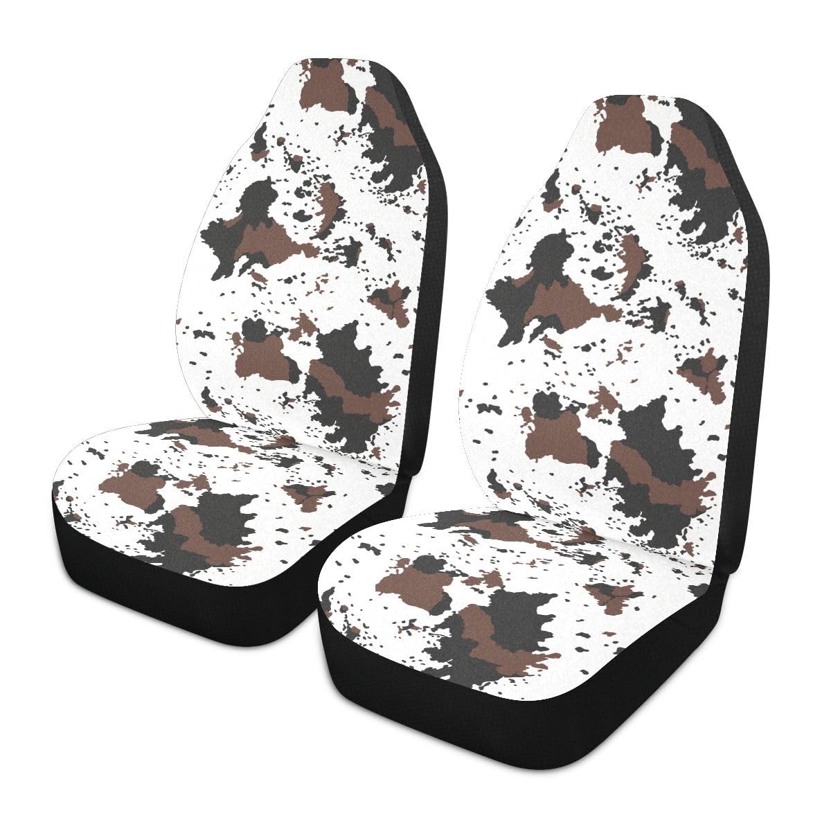 LONSANT Cow Print Car Seat Covers Set of 2,Rustic Spotted Cow Fur Texture Black Brown Cowhide Universal Auto Front Seat Protecto