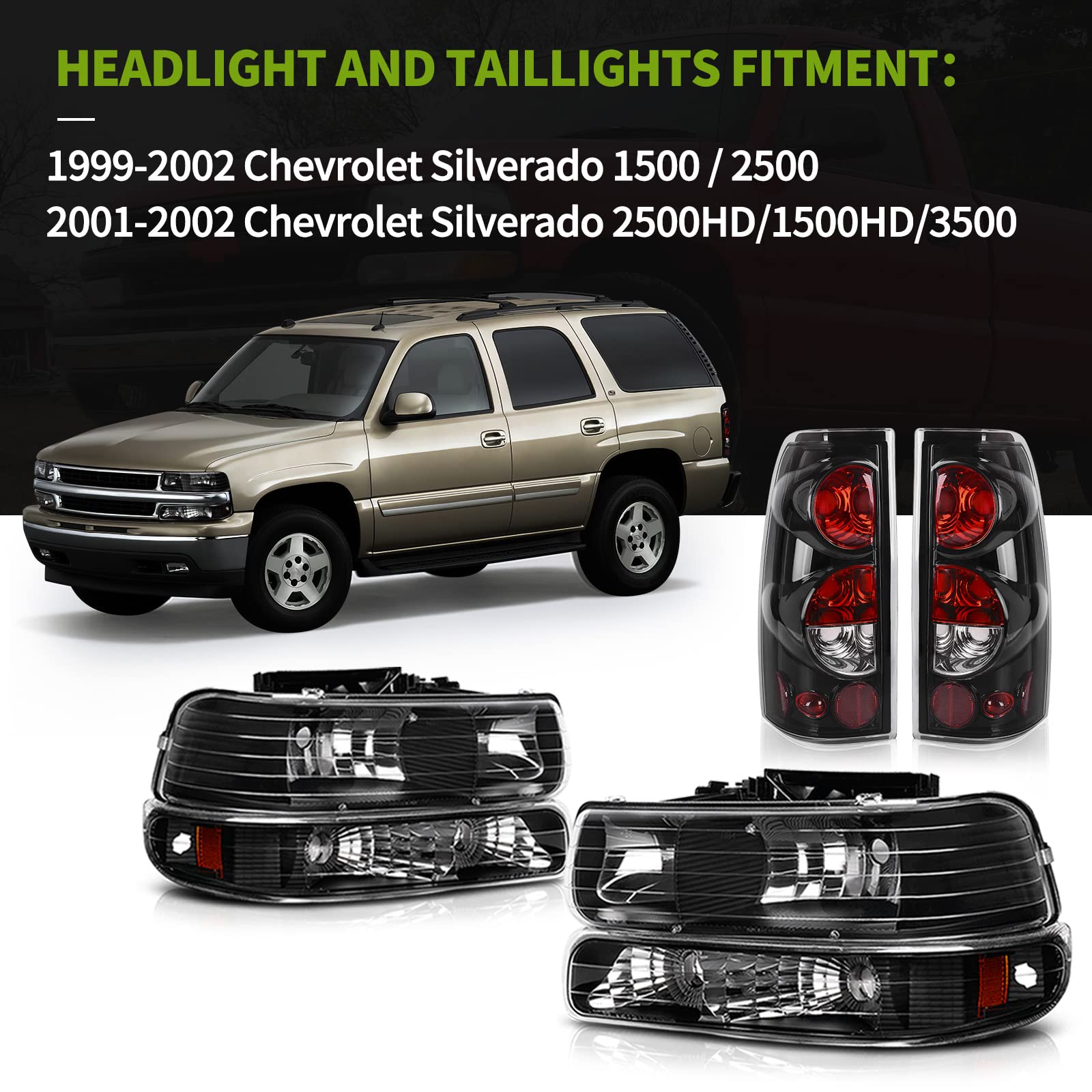 Dwvo Headlight Assembly And Taillights Compatible With 1999 2000 2001 2002 Chevy Silverado 1500 2500/01-02 Chevy Silverado 1500Hd 2500Hd 3500 (Do Not Fit Barn Door Or Stepside Models)