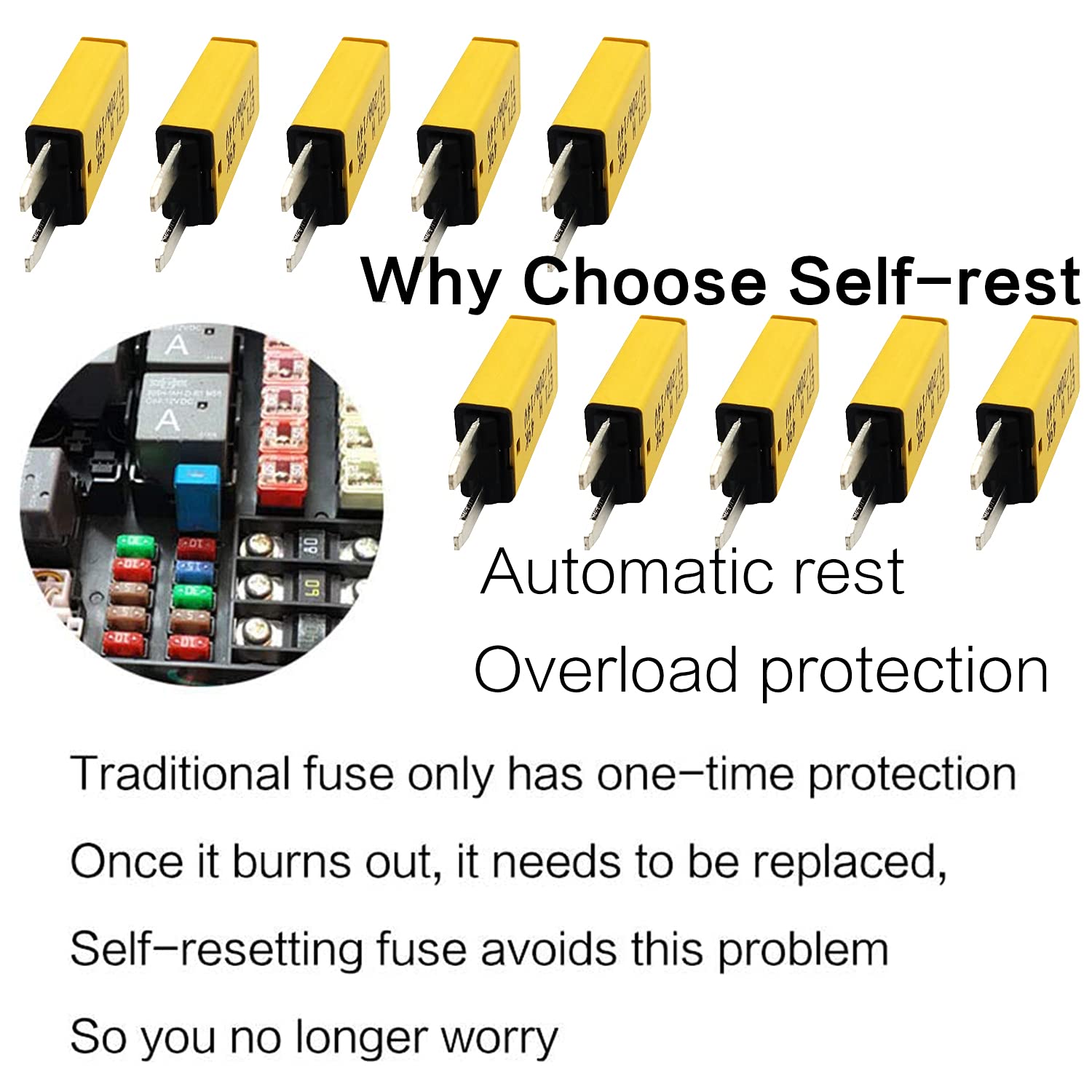 Iztor Automatic Reset Atm Mini Circuit Breaker Car Protector Blade Fuses Assortment Kit 10Pcs Dc14V E71 T1 20 Amp