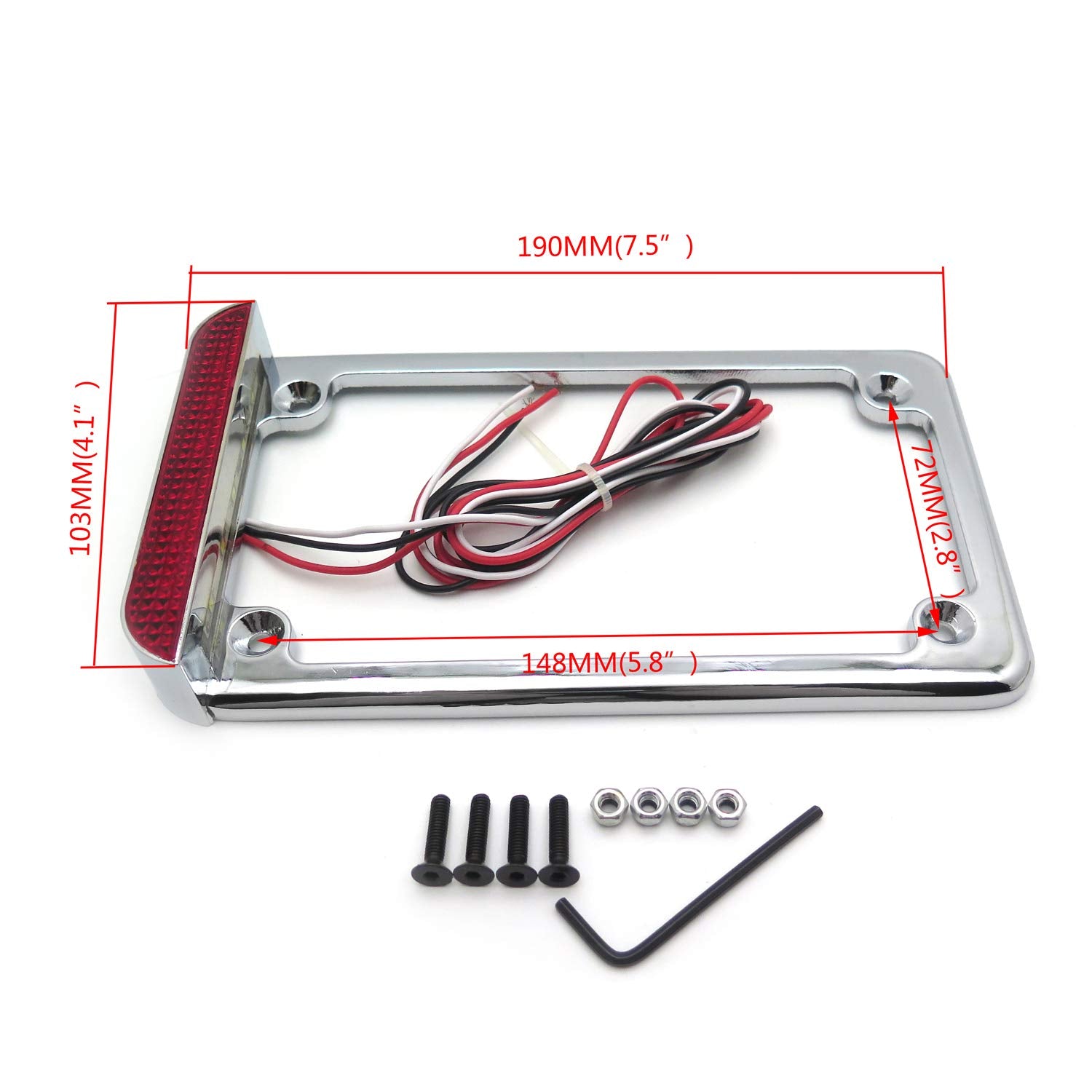 Httmt Mt294-003- Motorcycle Chrome 7'' X 4'' Flat License Plate Frame Bracket Tag Holder W/ 3'' Led Bar Compatible With Universa
