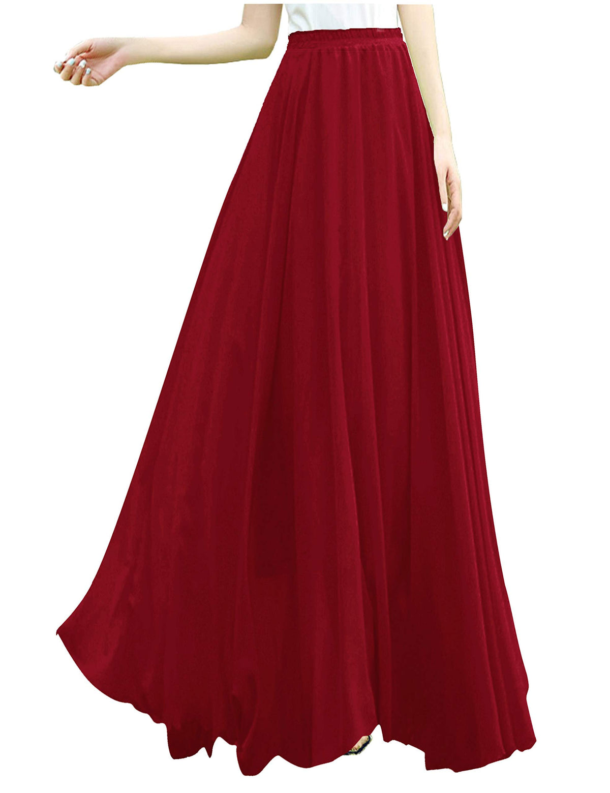 V28 Womens Maxi Midi White Flowy Long Black Summer Plus Size Sheer Chiffon Skirt (3Xl,Wine)