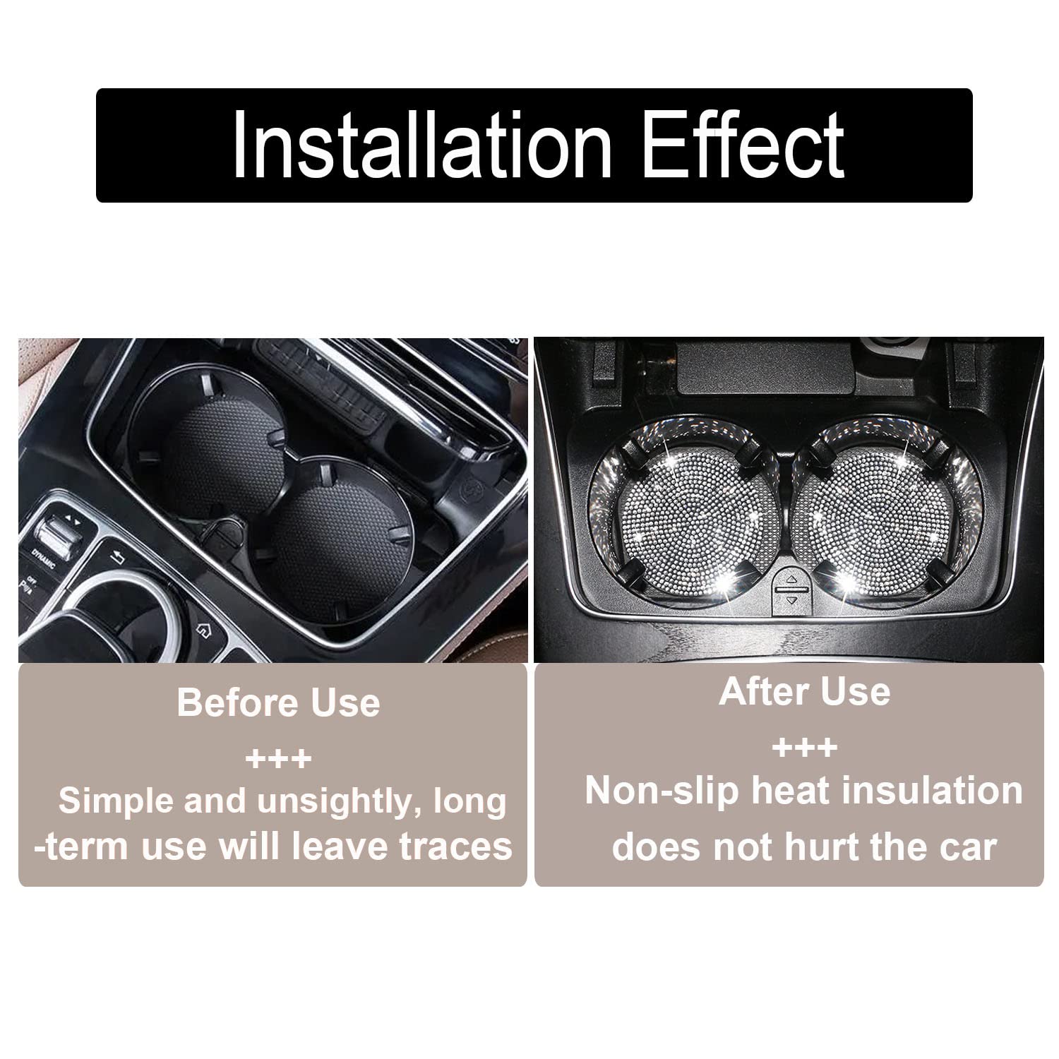 2Pcs Bling Cup Holder Insert Coaster- 2.75 Inch Silicone Anti-Slip Shockproof, Universal Fashion Car Interior Accessories For Women (White)