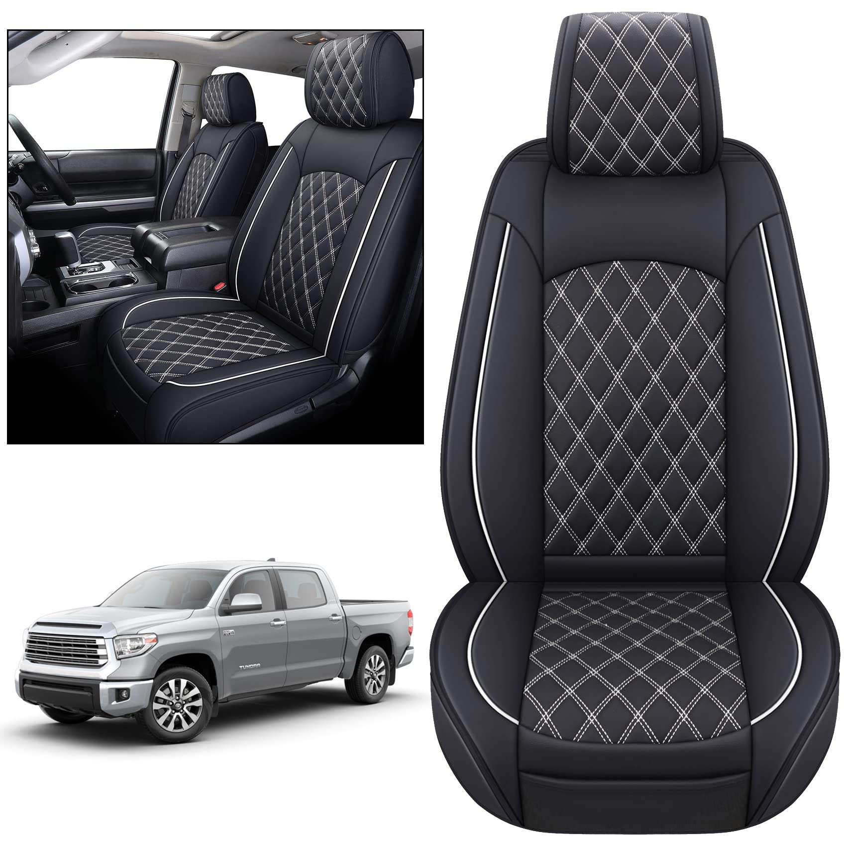 Yiertai Seat Covers For Toyota Tundra Truck Custom Fit 2008-2023 2024 2025 Crewmax Double Cab Crew Cab Waterproof Leather Airbag Compatible(2 Pcs Front Only/Black-White)