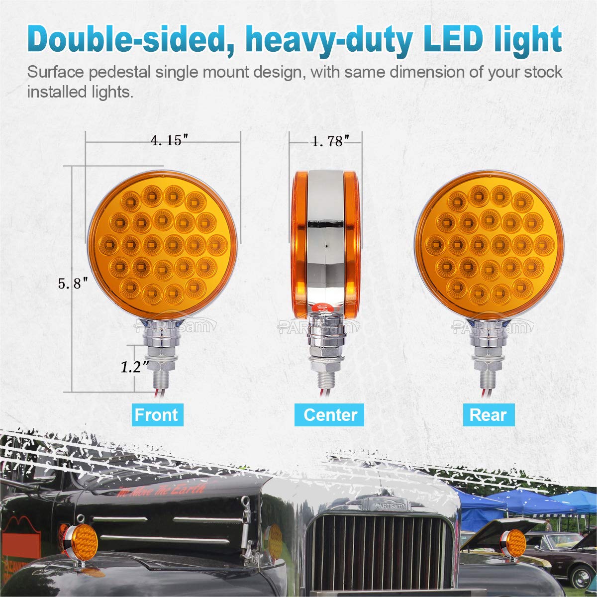 Partsam 2pcs Round Double Face Amber 48LED Pedestal Fender Rear Turn Signal Parking Lights Post Mount, Dual-face Led Marker Trai