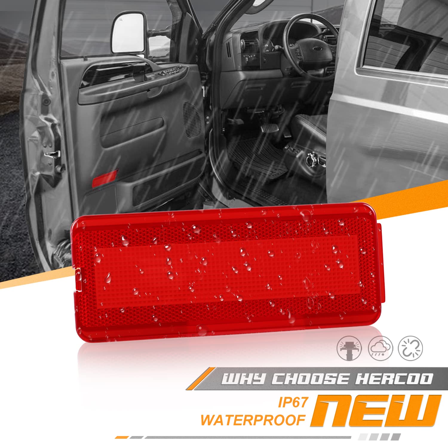 HERCOO Interior Door Reflectors Red Front & Rear Reflector Light Cover Compatible with Ford Excursion 2000 to 2005, F250 F350 F4