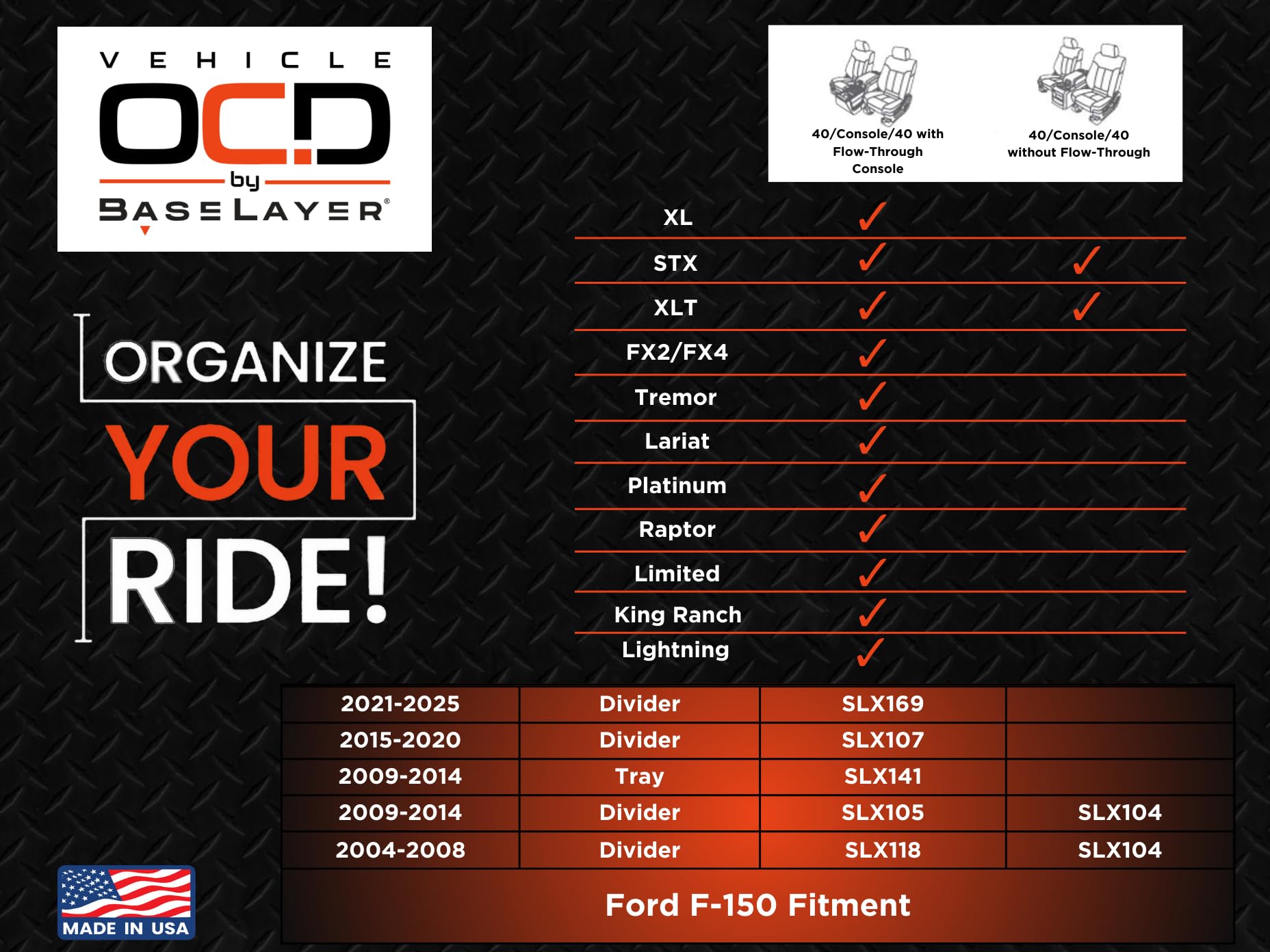 Vehicle Ocd - Center Console Organizer For Ford F150 (2021-2025) (Full Console W/Bucket Seats Only) - Made In Usa - Slx169