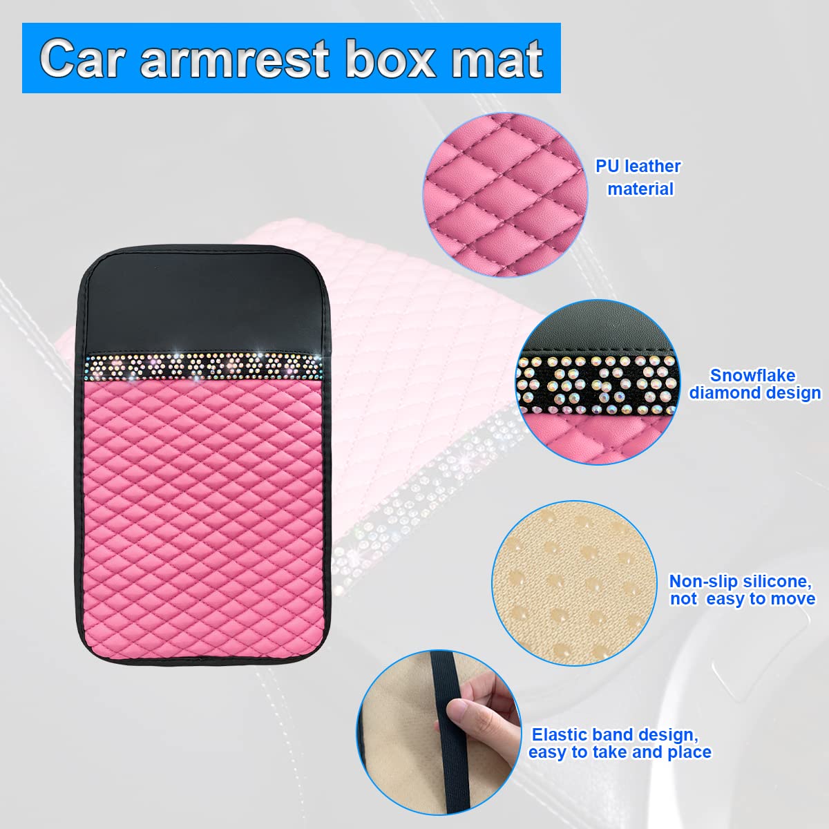 Bling Leather Car Center Console Cover, Car Center Console Protector With Glossy Crystal Rhinestone, Universal Waterproof Car Armrest Seat Box Cover For Most Car, Vehicles, Suvs, Trucks (Pink)