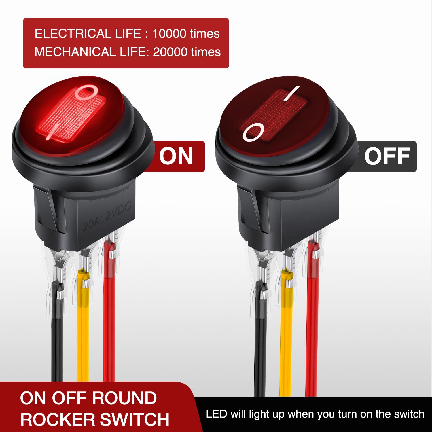 Nilight 5Pcs Waterproof Round Rocker Toggle Red Led Switch 12V 20A 3 Pin On Off Spst For Car Truck Boat Marine Automotive Rv Wit