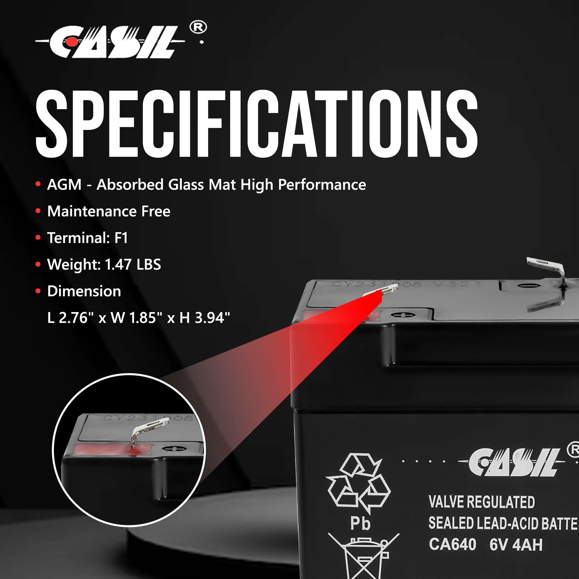 Casil 6V 4AH Sealed Lead Acid Battery for Deer Feeder & Power Wheels - Model CA640