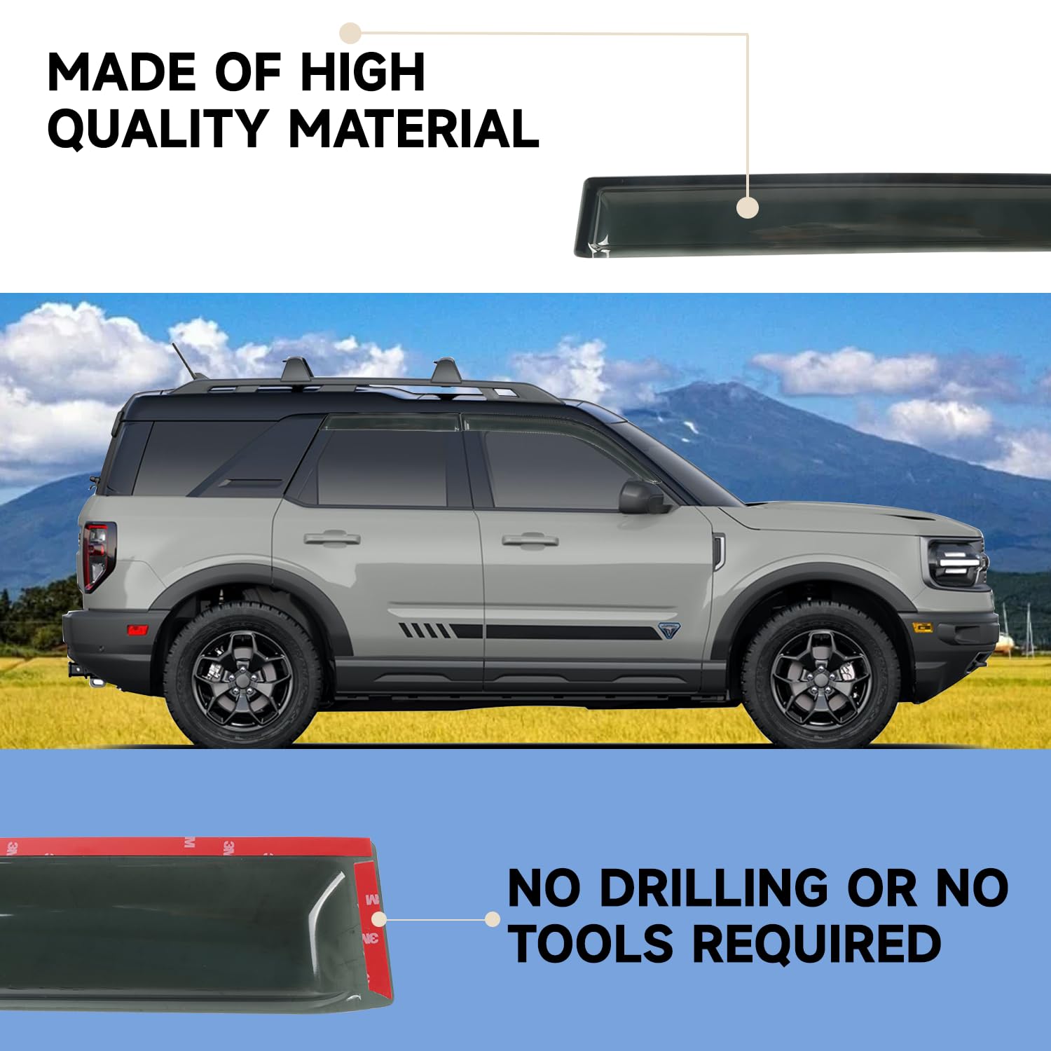 Rain Guards Tape-On Side Window Visor Fit For 2021-2024 Ford Bronco Sport, Outside Mount Window Deflector, Smoke Tinted Vent Vis