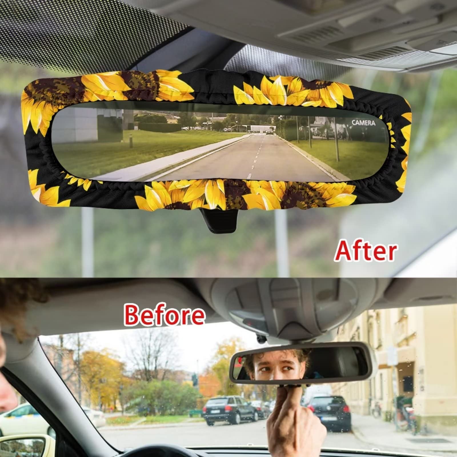 Huisefor Sunflower Car Rear View Mirror Cover, Sun Protection Dustproof Car Rearview Mirror Elastic Sleeve Auto Rear View Mirror