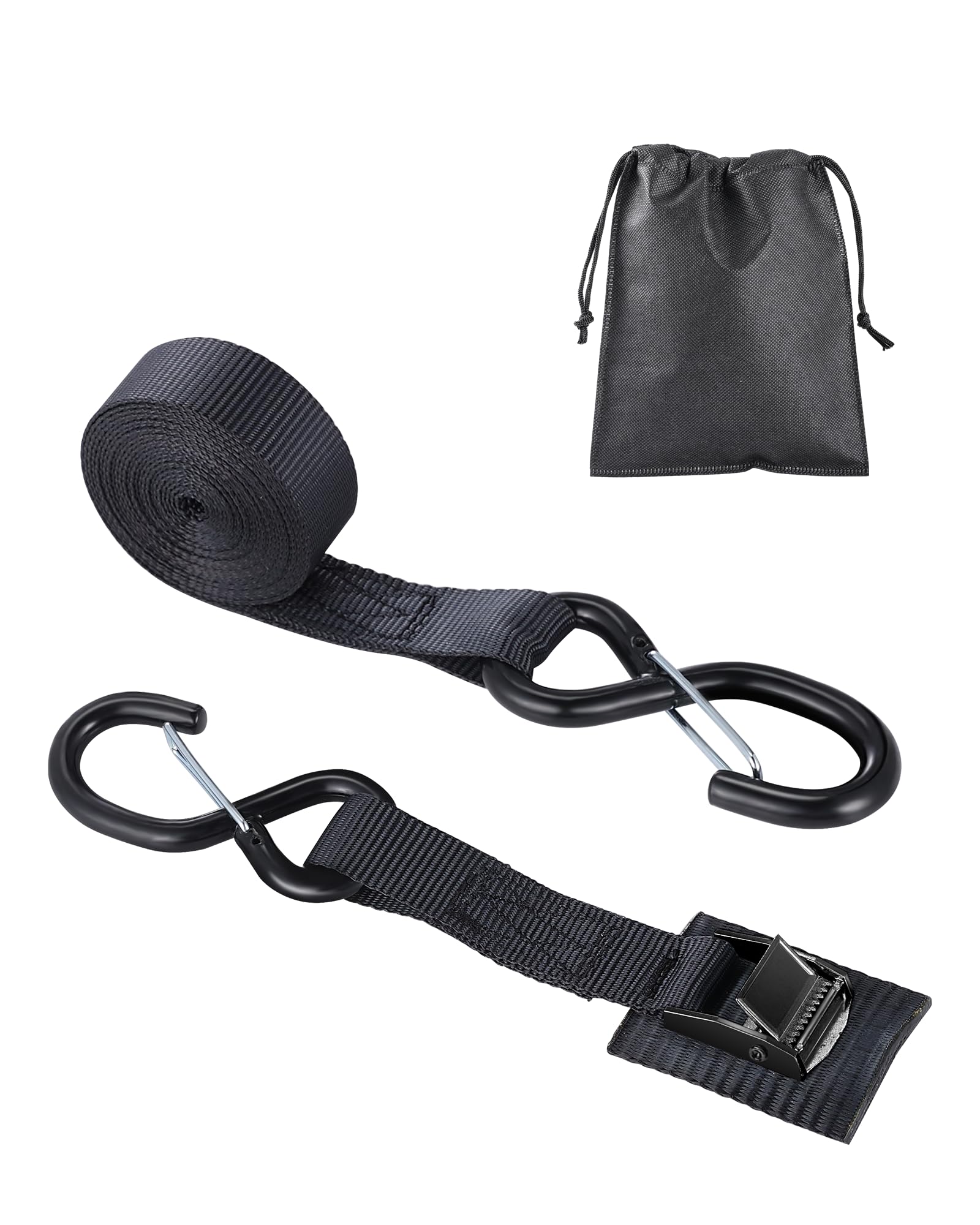 Upgraded 1'' X 8' Tie Down Straps, Cargo Roof Rack Strap Cam Buckle With Hooks, Heavy Duty Secure Strap, Black - Pack Of 2