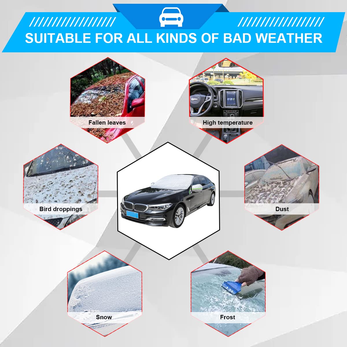 8Sanlione Car Windshield Snow Cover With Side Mirror Cover, 4 Layers Winter Frost Protection For Any Weather, Windscreen Covers