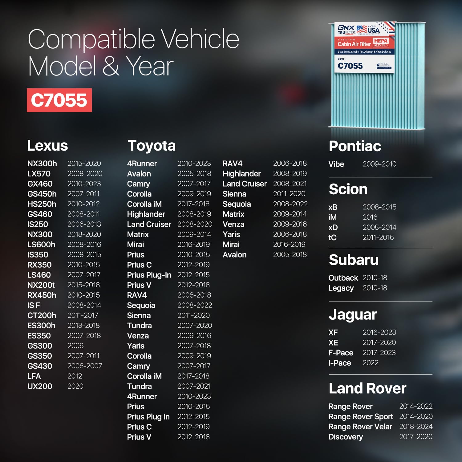 Bnx Trufilter C7055 Cabin Air Filter, Hepa 99.97%, Made In Usa, Compatible With Toyota Camry, Corolla, Highlander, Rav4, Tundra, Prius, 4Runner; Subaru Outback, Legacy; Lexus Rx, Gs, Gx, Is, Ls, Es