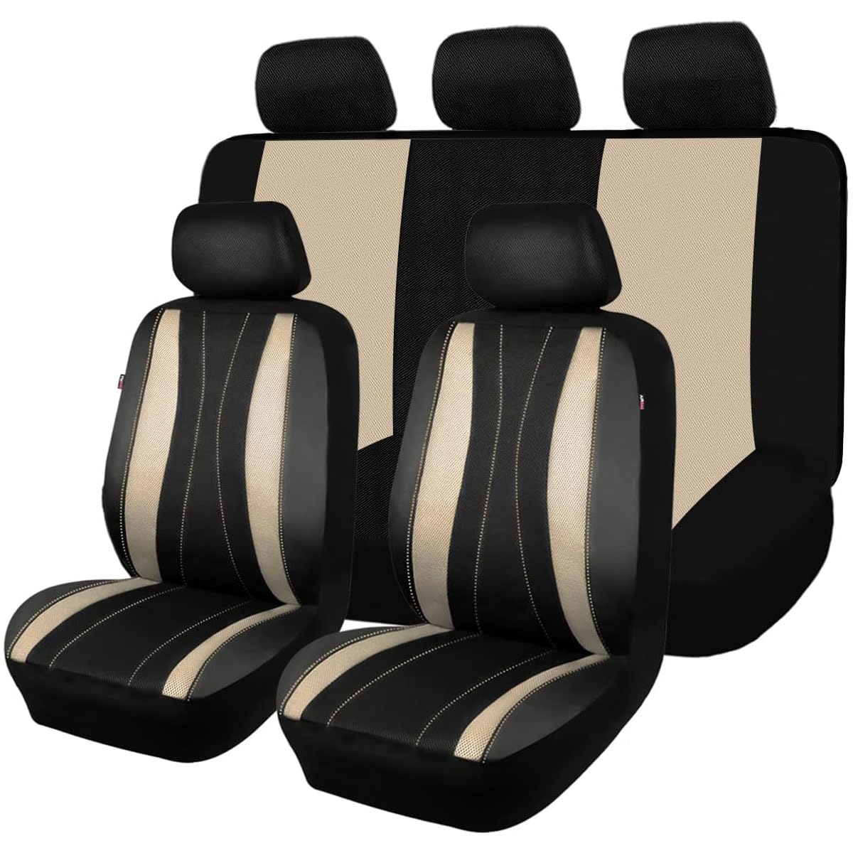 Flying Banner car seat Covers Set airmesh Breathable Fashion Easy Bench Split Protectors Sport Fashion (Black Beige, Full Set - 