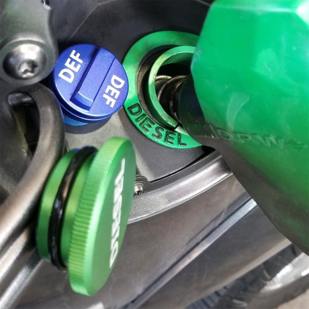 illet Aluminum Fuel Cap Combo Pack,Diesel Fuel Cap for Dodge - Magnetic Green Diesel Fuel Cap and Non-magnetic Blue DEF Cap for