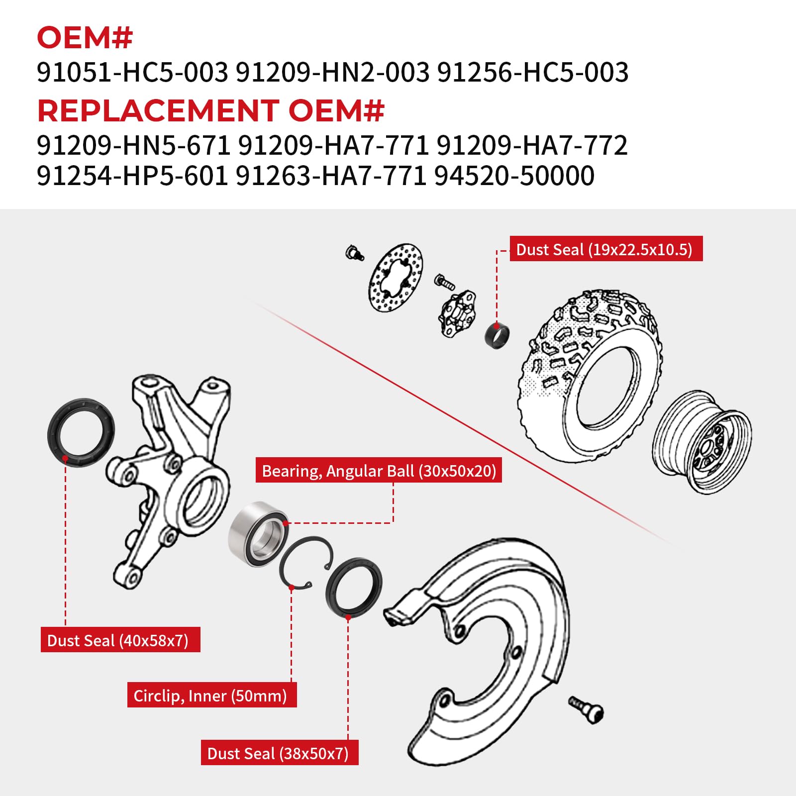 Front Wheel Bearings Seals for Honda FourTrax 300 Rancher 350 400 420 Only for 4x4, OEM# 91051-HC5-003 91209-HN2-003 91256-HC5-0