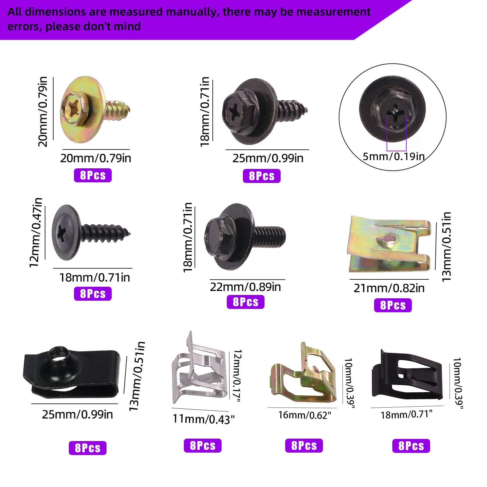 Swpeet 72Pcs Universal Metal Engine Under Cover Body Bolts Bumper Fender and Metal Trim Panel Spring Clip Auto Car U-Clip Trim M