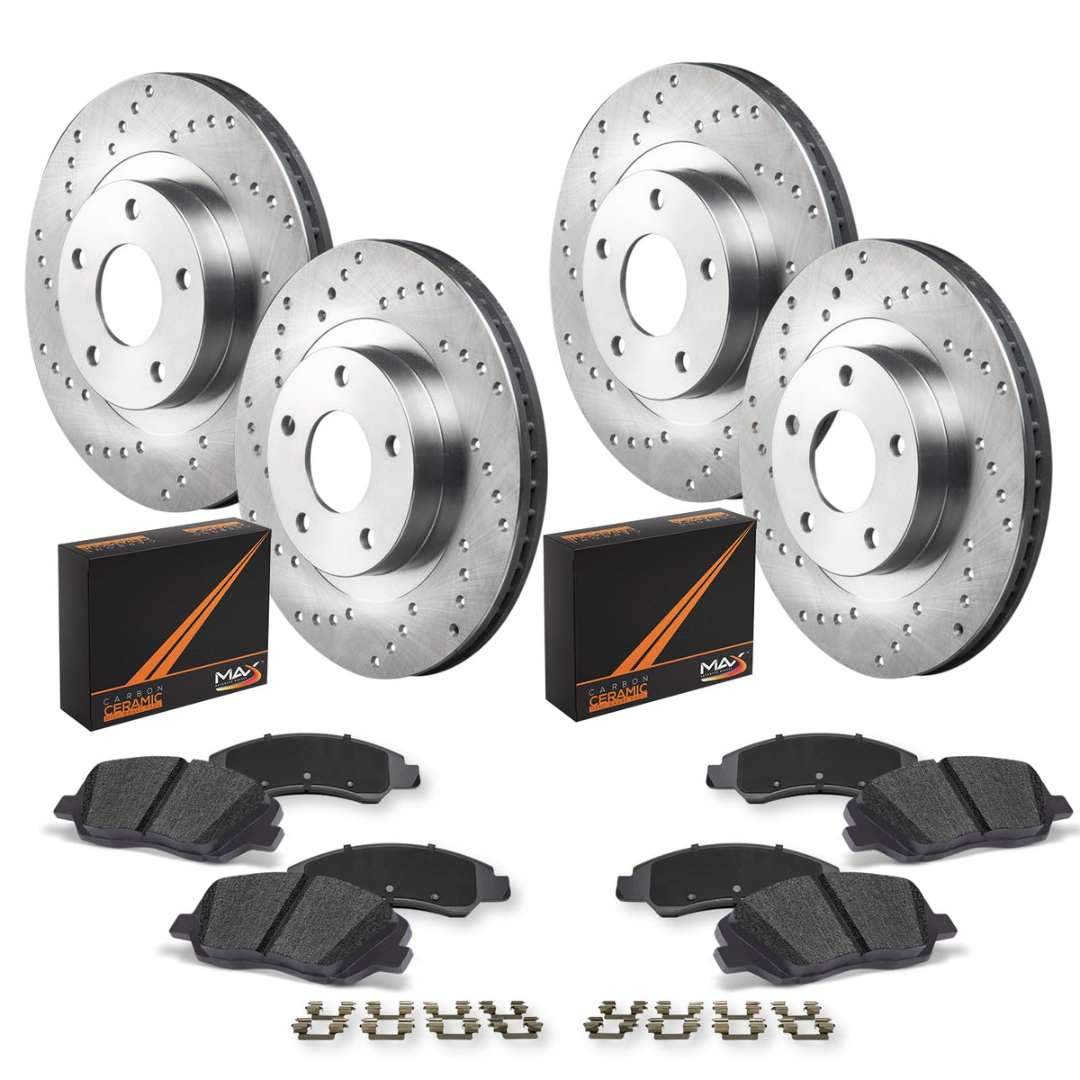 Max Advanced Brakes Front & Rear Brake Kit For 2007-2012 Lexus Es350 2008-2012 Toyota Avalon 2007-011 Toyota Camry Replacement Cross Drilled Disc Brake Rotors And Ceramic Brake Pads