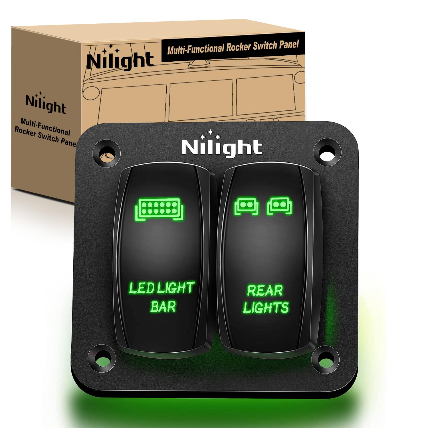 Nilight 2 Gang Rocker Switch Panel LED Light Bar Rear Lights 12 24V DC Green Switches 5Pin ON Off Pre-Wired Toggle for Cars ATVs