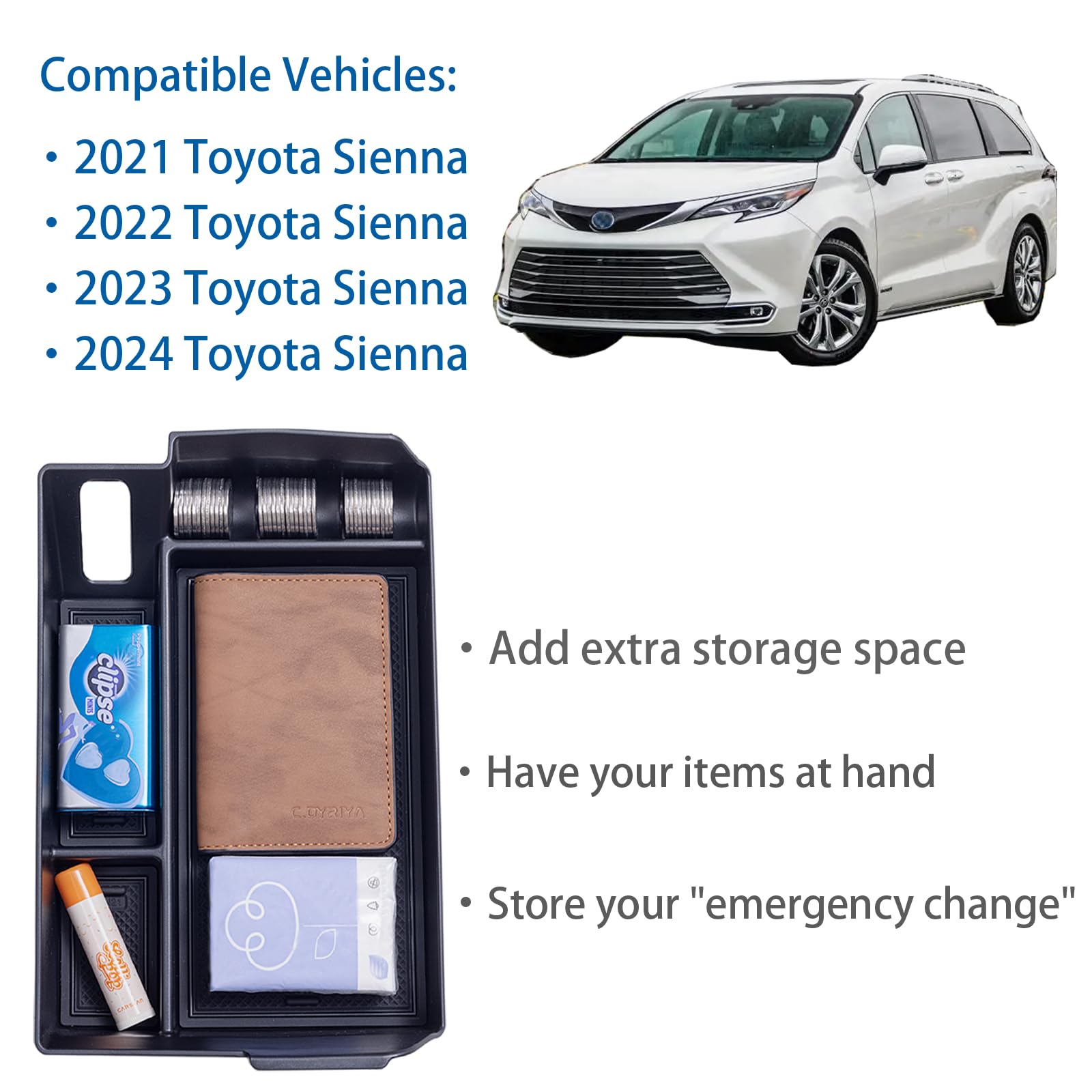 TOPINSTALL Center Console Organizer for 2021-2025 Toyota Sienna, ABS Plastic, Black, Model: Console Tray, V1 Center Console Tray