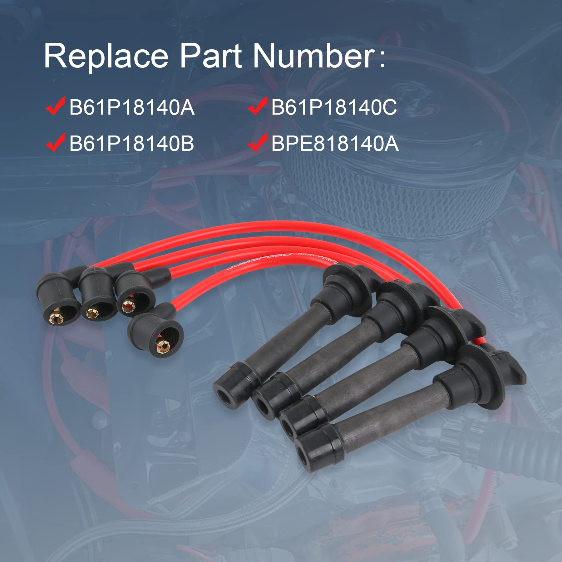 JDMSPEED New Red Ignition Spark Plug Wires Set Replacement for Mazda Miata MX-5 1.6L 1.8L Engines 1990-2000 10.2mm Replaces B61P18140A, B61P18140B, B61P18140C, BPE818140A
