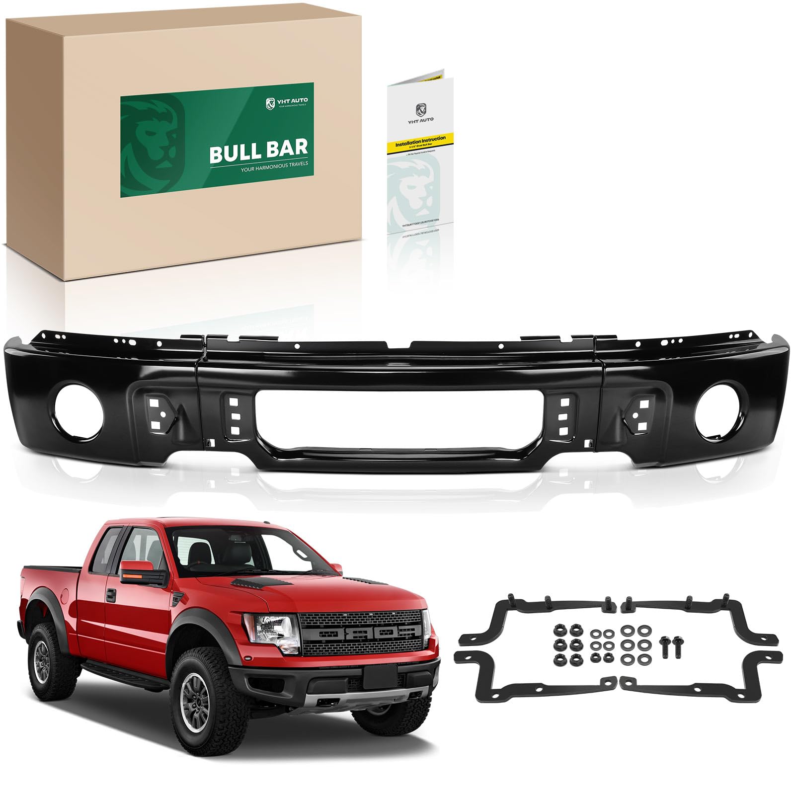 YHTAUTO Front Bumper Face Bar Compatible with Ford F-150 2009 2010 2011 2012 2013 2014, with Fog Light Holes, Steel Black Bumper