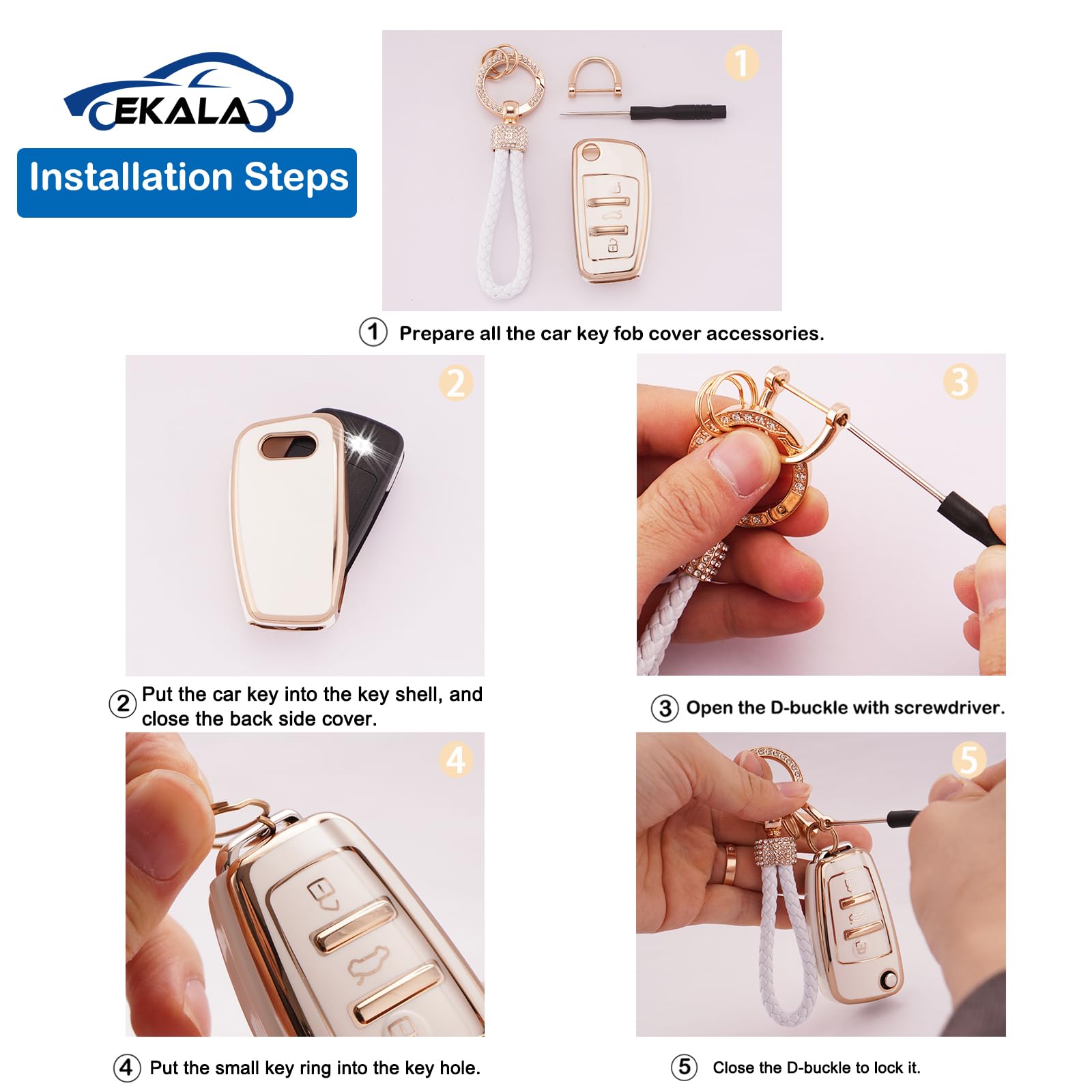 Ekala Car Key Full Cover For Audi With Keychain Lanyard, 3 Buttons Soft Tpu Key Protection Case Compatible With Audi A1 A3 A4 A6 A8 Quattro Q2 Q3 Q7 S3 S6 Rs3 Rs6 R8 Tt Tts Car Key Shell Cover(Ad-3)