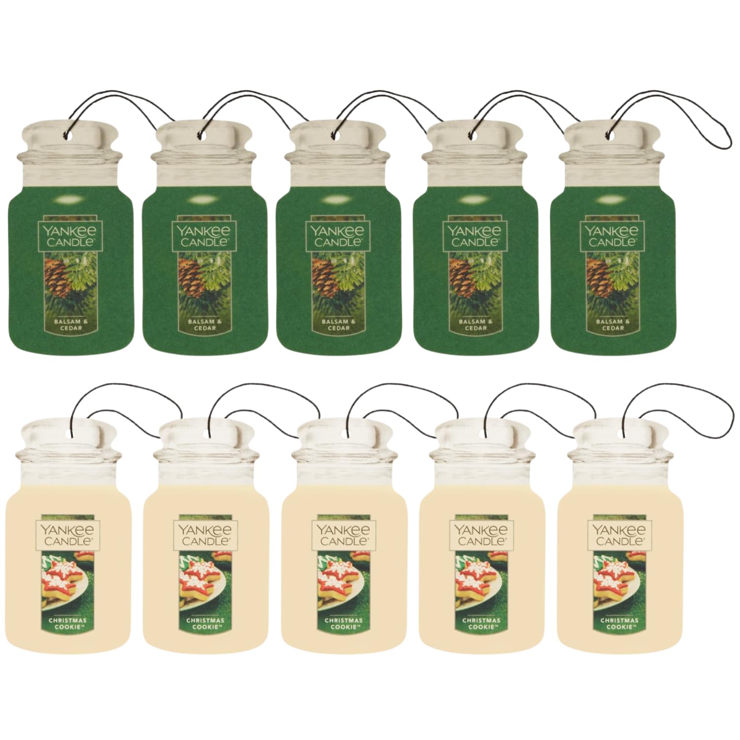 Yankee Candle Paper Car Jar, 5 Balsam & Cedar & 5 Christmas Cookie (Variety Pack)