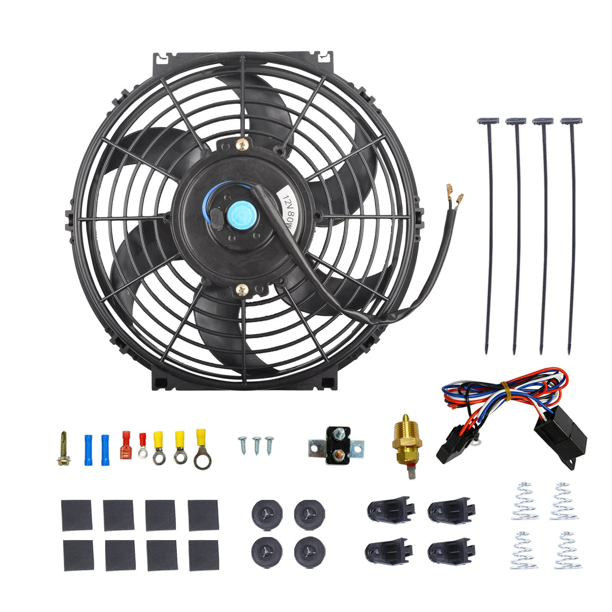 BATONECO 10 Electric Radiator Cooling Fan Thermostat Wiring Switch Relay Kit, 12V Cooling Radiator Fan with 120W 1000 CFM Slim