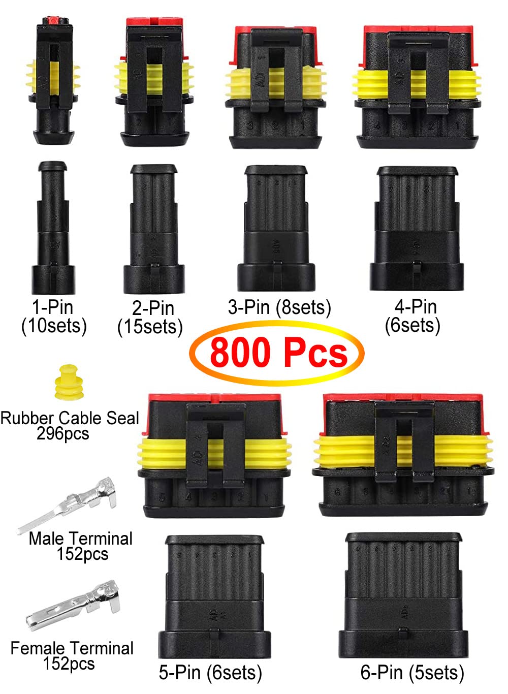 Twippo 800Pcs 50 Sets Waterproof Automotive Electrical Connectors Electrical Wire Connectors Plug Kit 1/2/3/4/5/6 Pin Waterproof