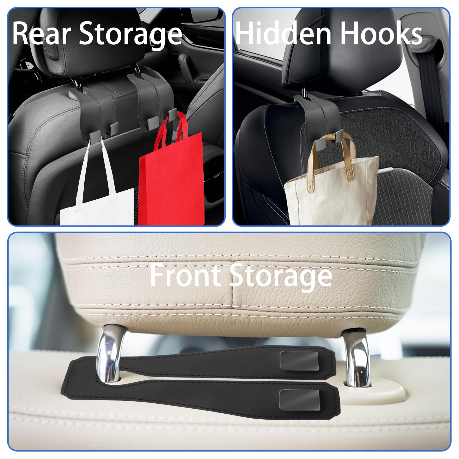 Canipha 2Pcs Car Seat Back Storage Hook, Full Leather Car Headrest Purse Hooks Hang Cups, Umbrellas, Key Chains, Bendable Headre