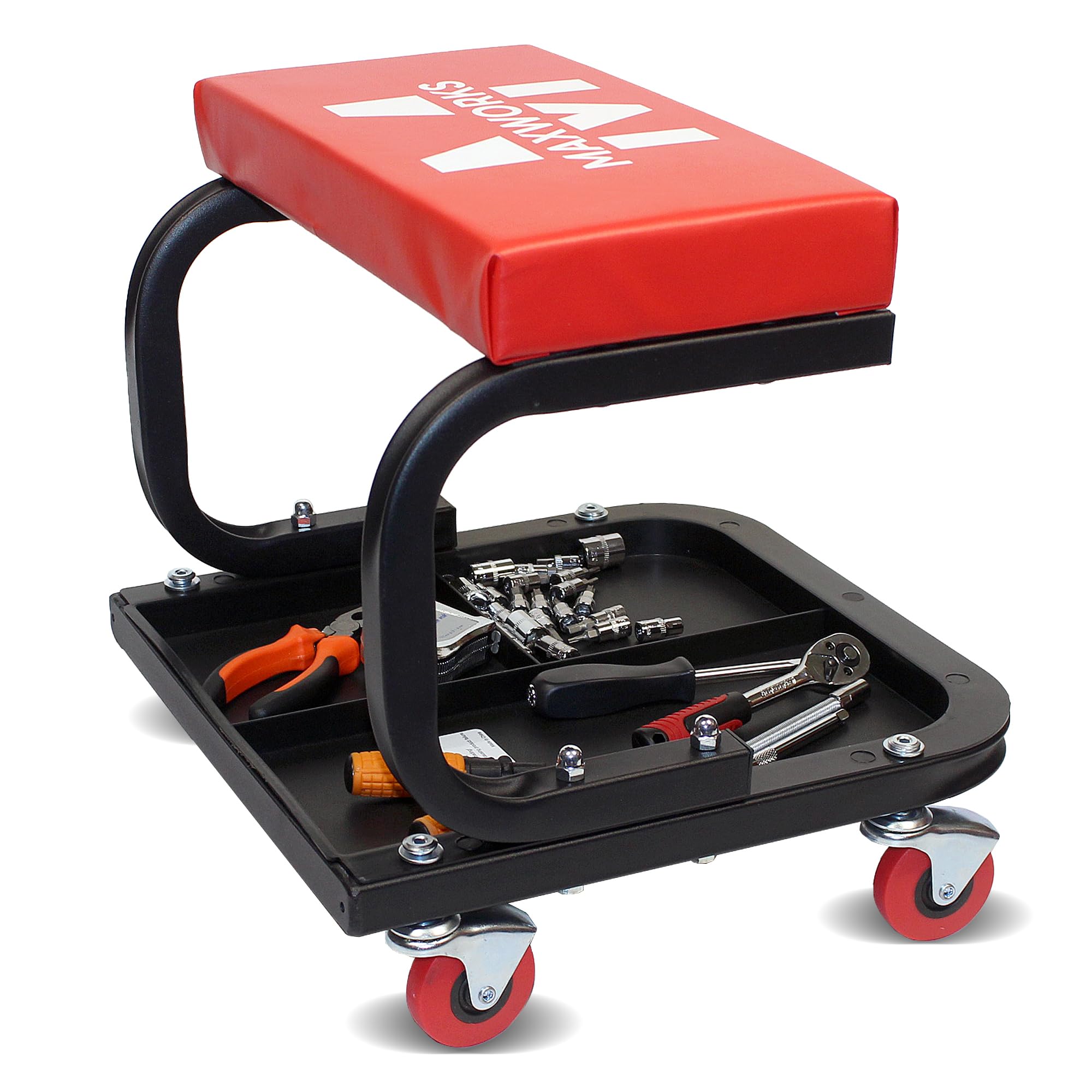 Maxworks 50875 Mechanics Roller Seat, 250 Lbs Capacity Padded Rolling Workshop Stool With Tool Tray Storage For Garage, Shop, Au