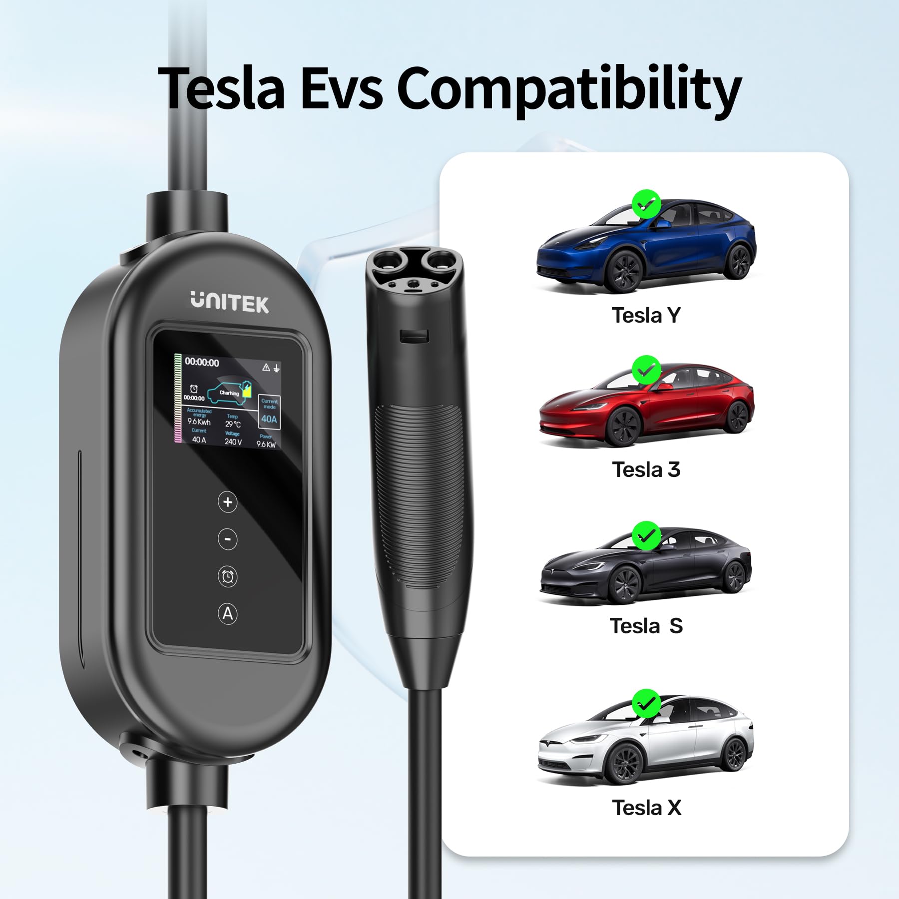 Unitek 40A 9.6KW Tesla Home Charger -Auto Sensing Level 2 Portable Tesla Wall Charger,240V Mobile Charger Connector for Tesla, E
