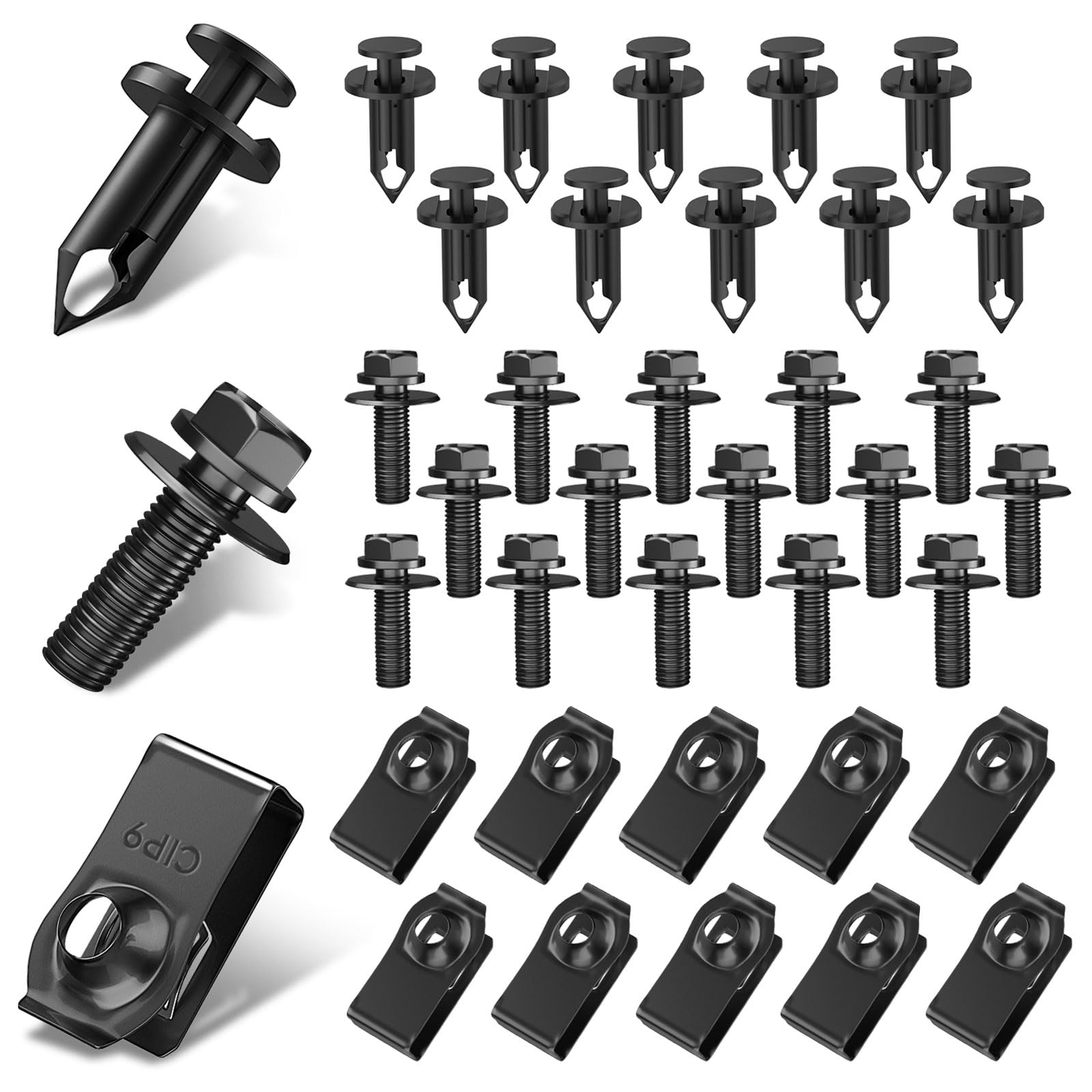 Boeciog 35Pcs Engine Under Cover Splash Shield Guard Body Bolts Screws, Front Bumper Fender Liner Push Retainer Fastener Rivet Clips, Automotive Hardware Bumper Clips, U-Nuts Kit, Elegant Black