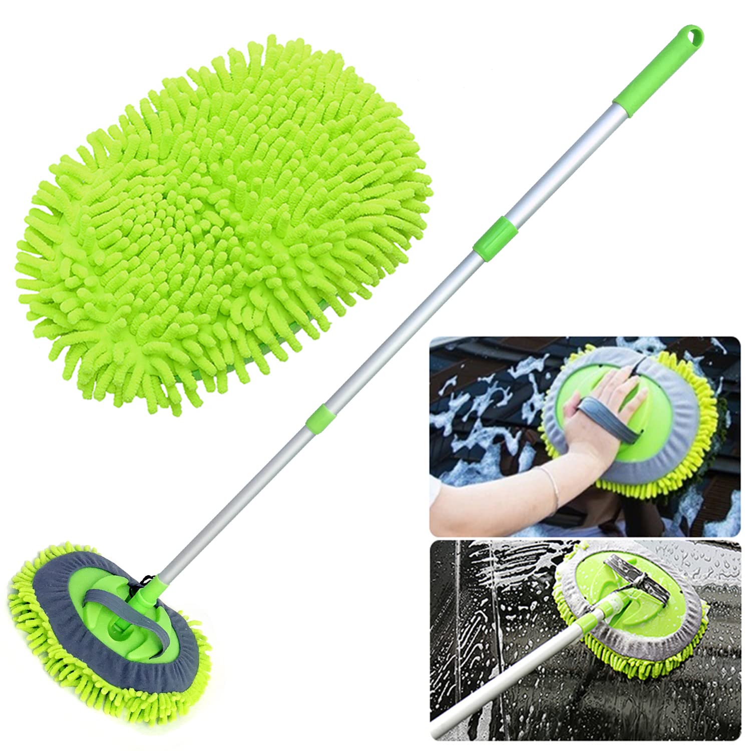 2 In 1 Chenille Microfiber Car Wash Mop Mitt With 46 Aluminum Alloy Long Handle,Car Cleaning Kit Brush Duster,Scratch Free Clea