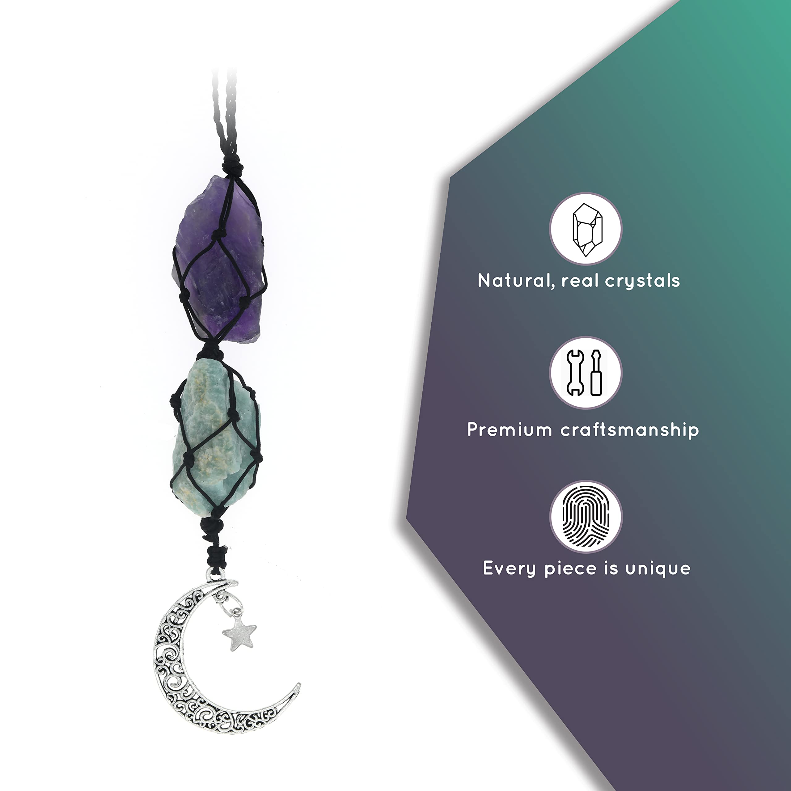 BOHO GARDEN Hanging Car Charm - Amethyst & Amazonite - Dangling Moon & Healing Crystal Accessories, Rearview Mirror Decorations