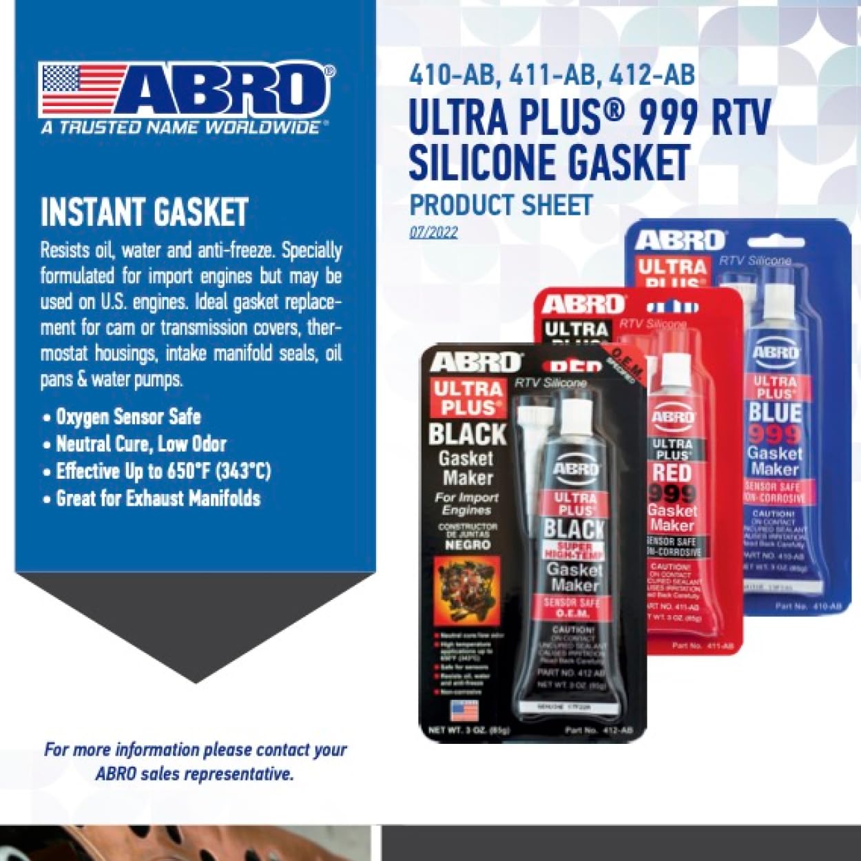 Abro Ultra Plus 999 Rtv Silicone Sealant And Gasket Maker, For Import Engines, Sensor Safe, Non-Corrosive, High Temp Silicone Se